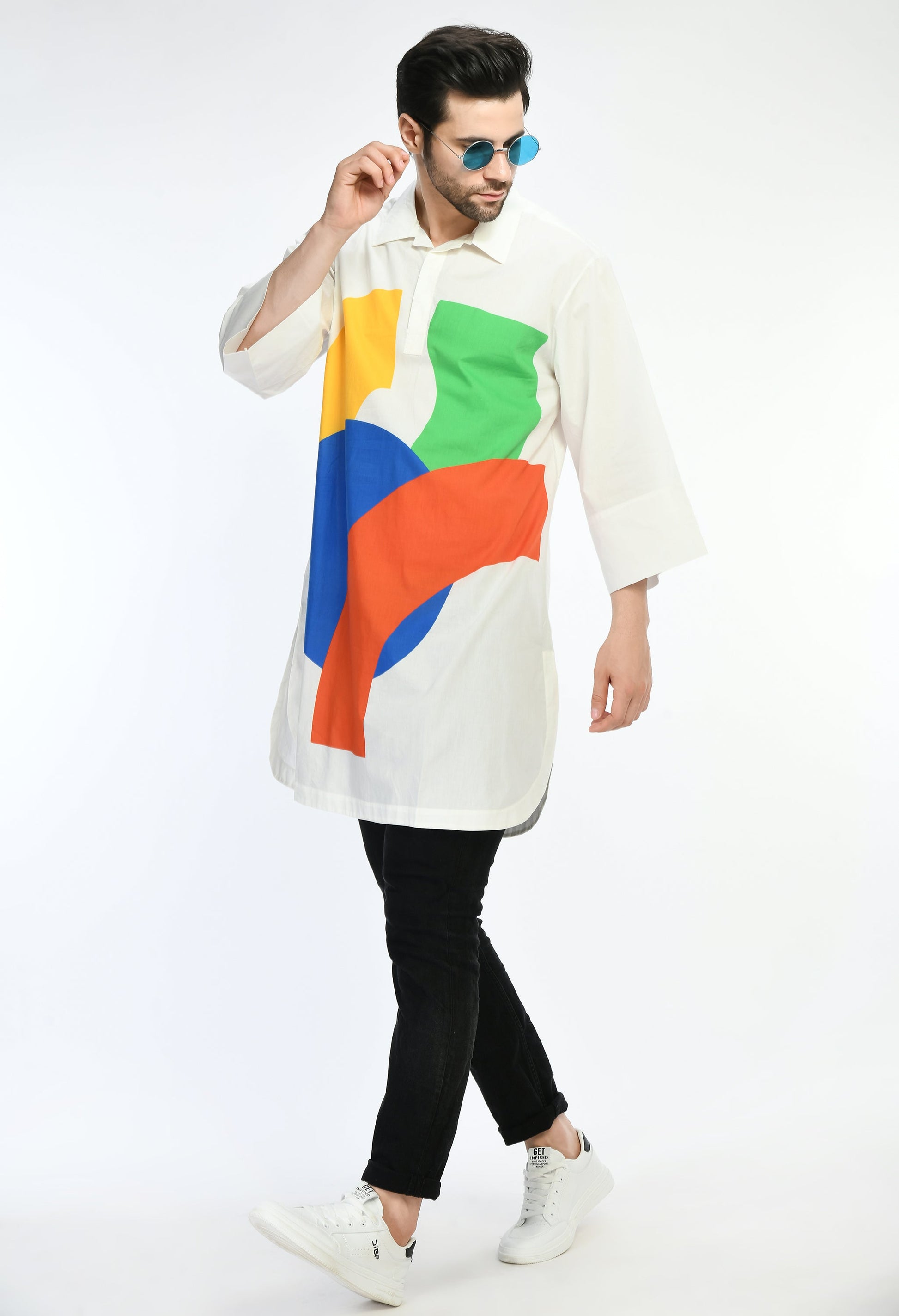 Color Spill Shirt with bold geometric prints on soft cotton.