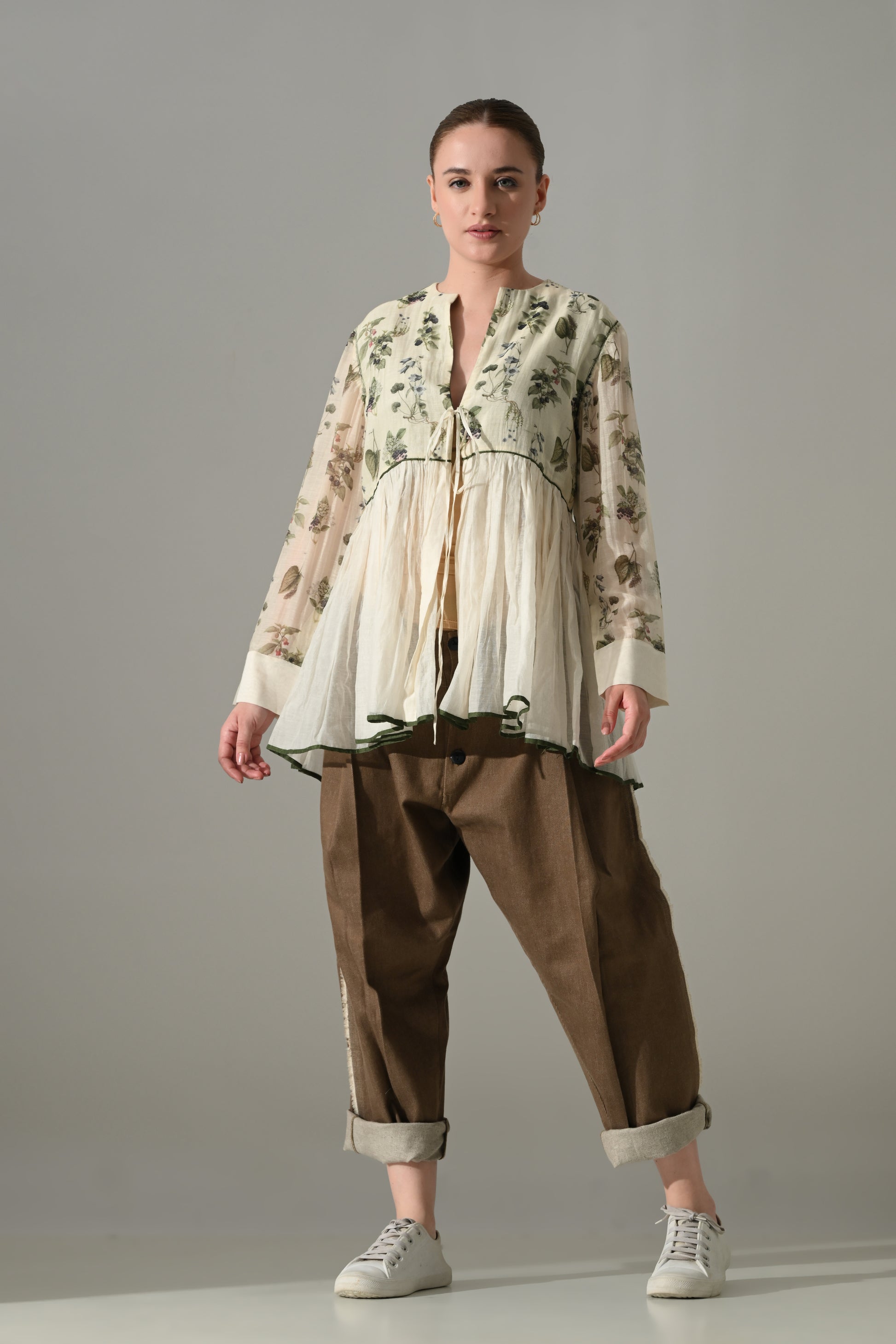 Cream Botanical gathered Tunic and pant Set - samant chauhan design 