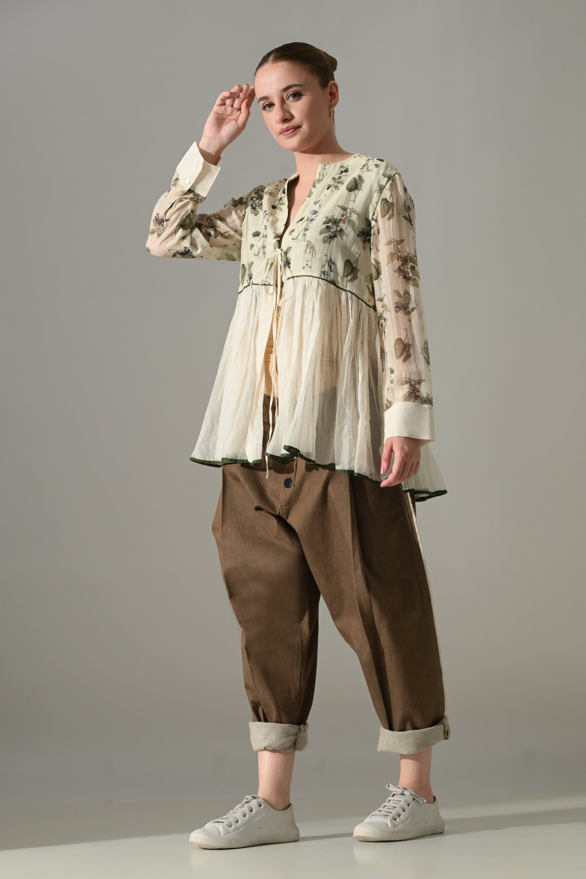 Cream Botanical gathered Tunic and pant Set - samant chauhan design 