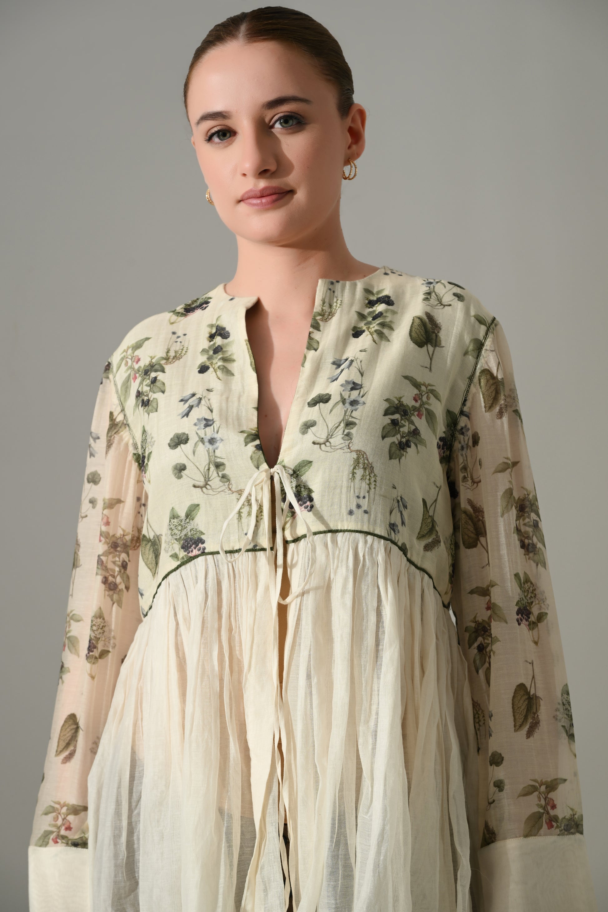 Cream Botanical gathered Tunic and pant Set - samant chauhan design 