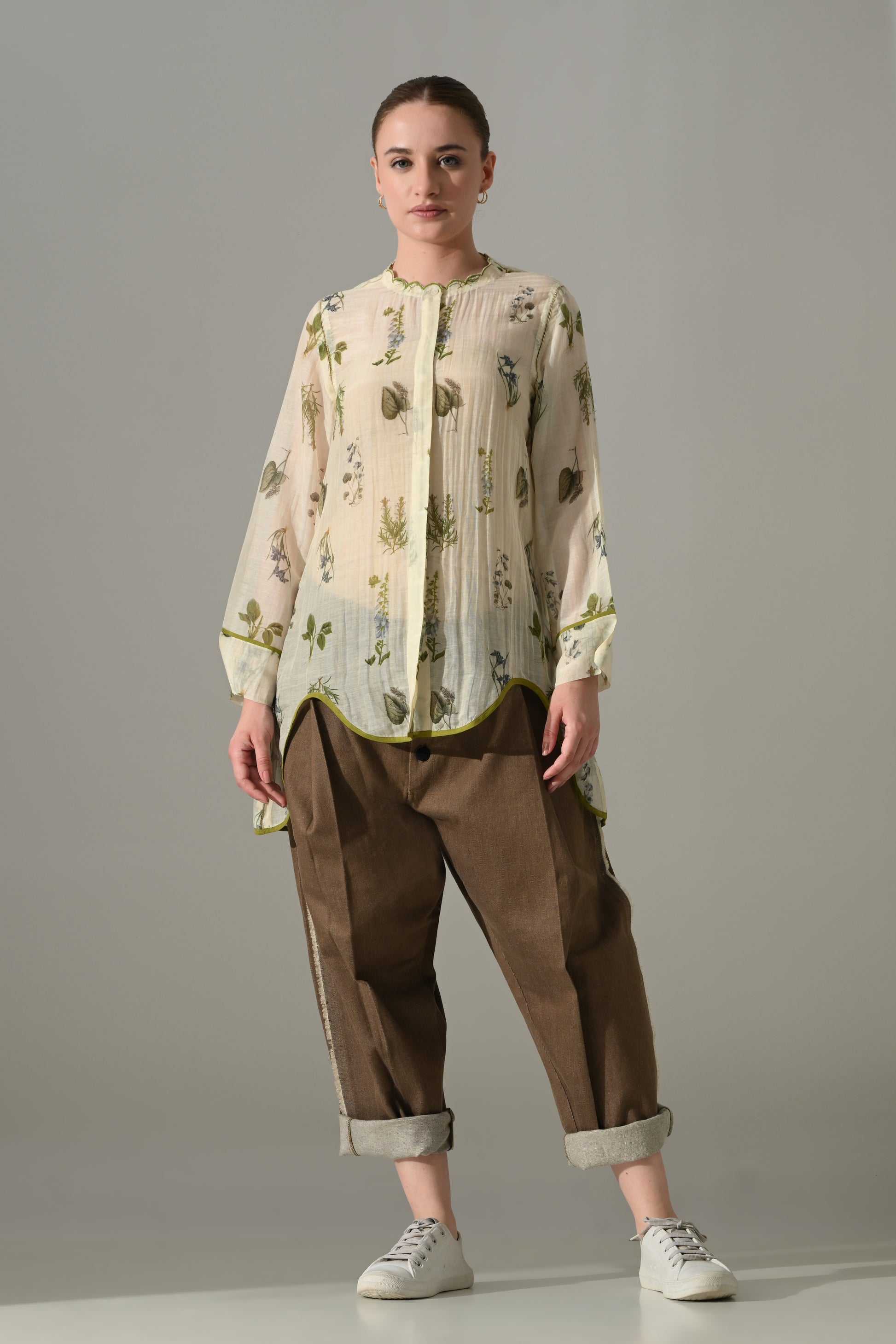 Cream Floral  high low Tunic and pant Set - samant chauhan design 