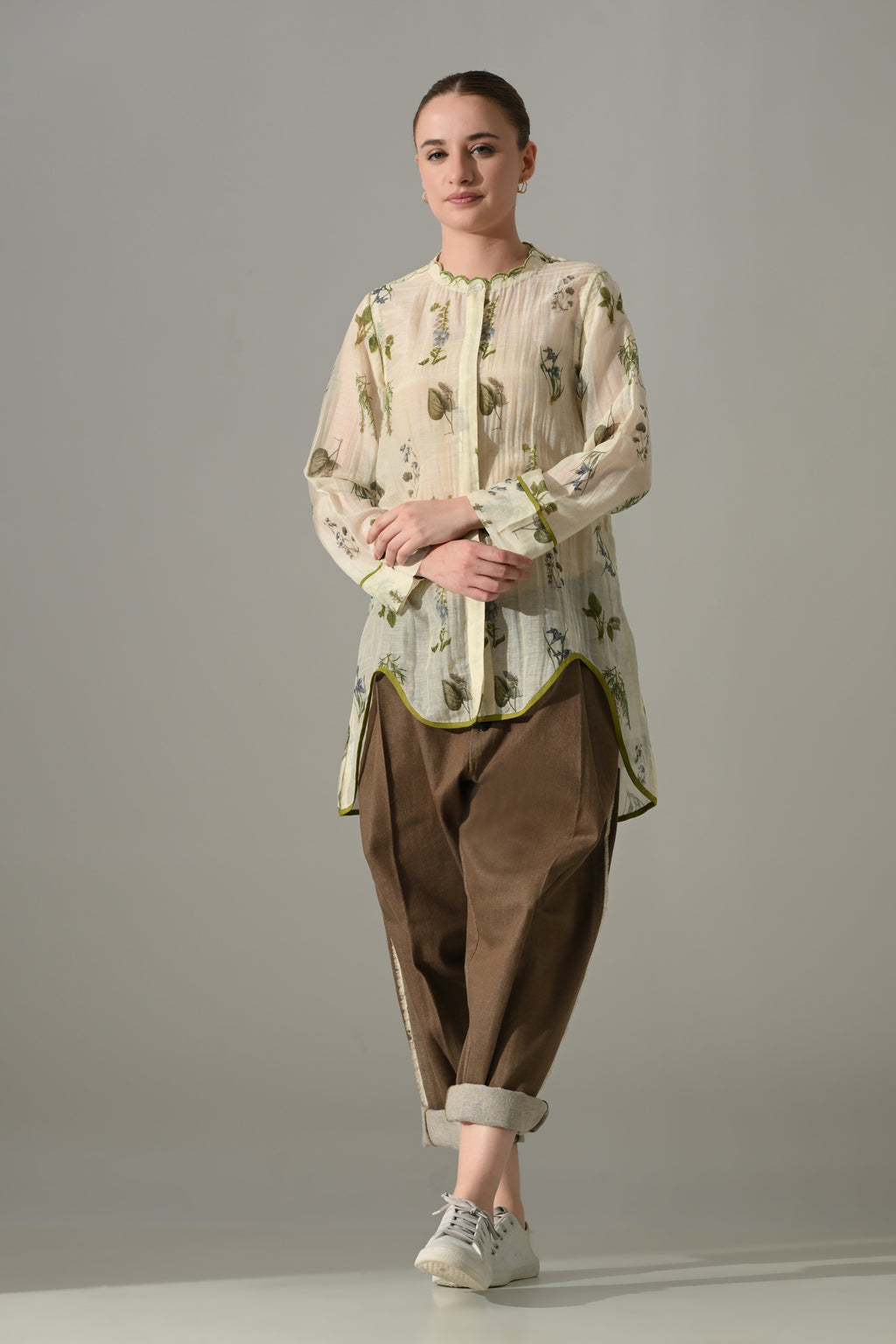 Cream Floral  high low Tunic and pant Set - samant chauhan design 