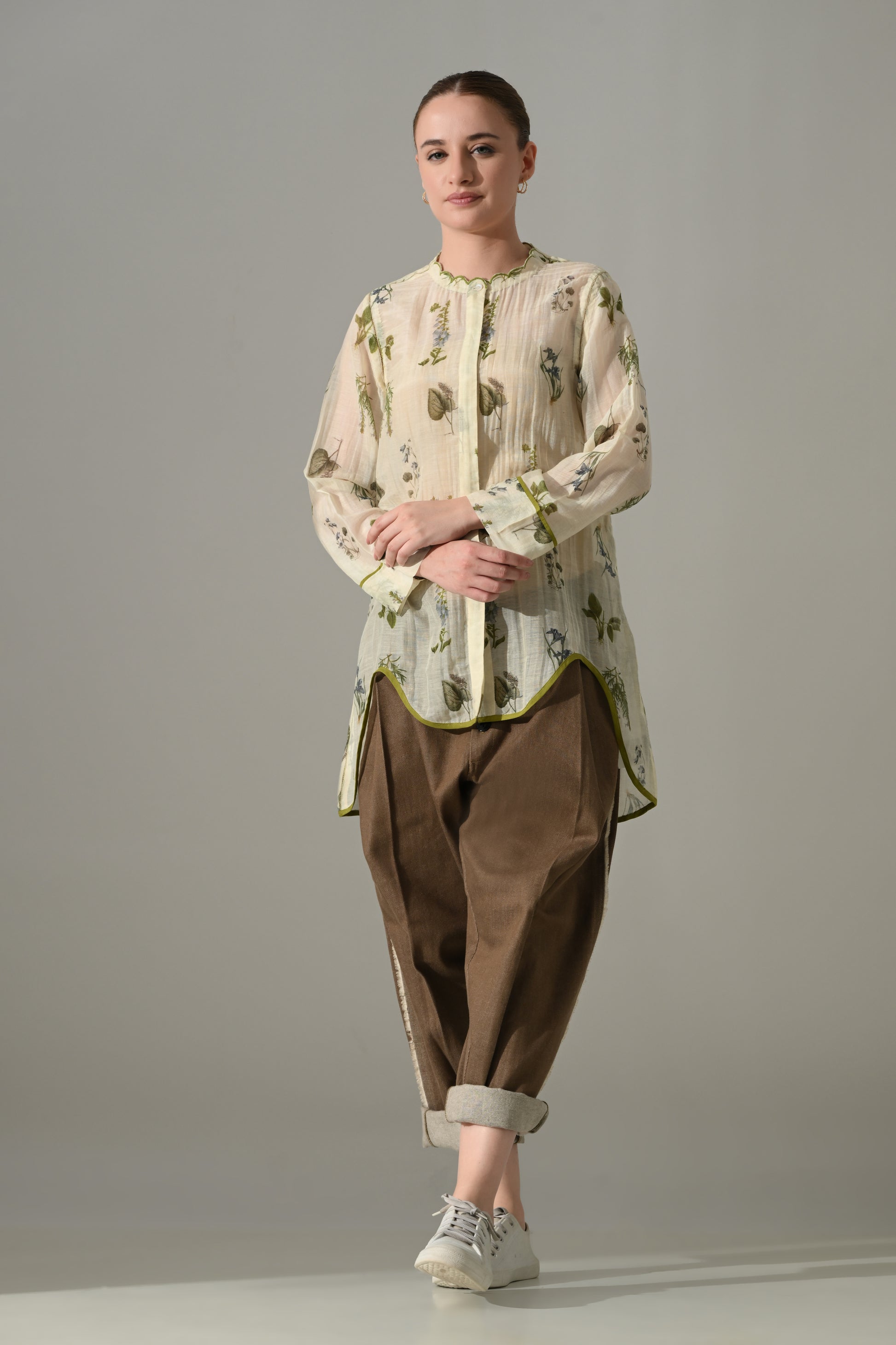 Cream Floral  high low Tunic and pant Set - samant chauhan design 