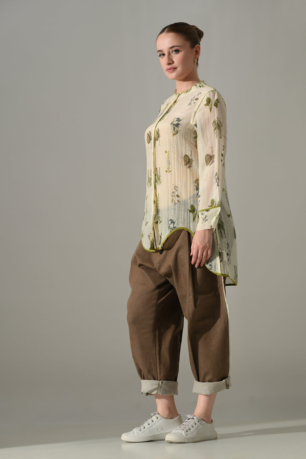 Cream Floral  high low Tunic and pant Set - samant chauhan design 