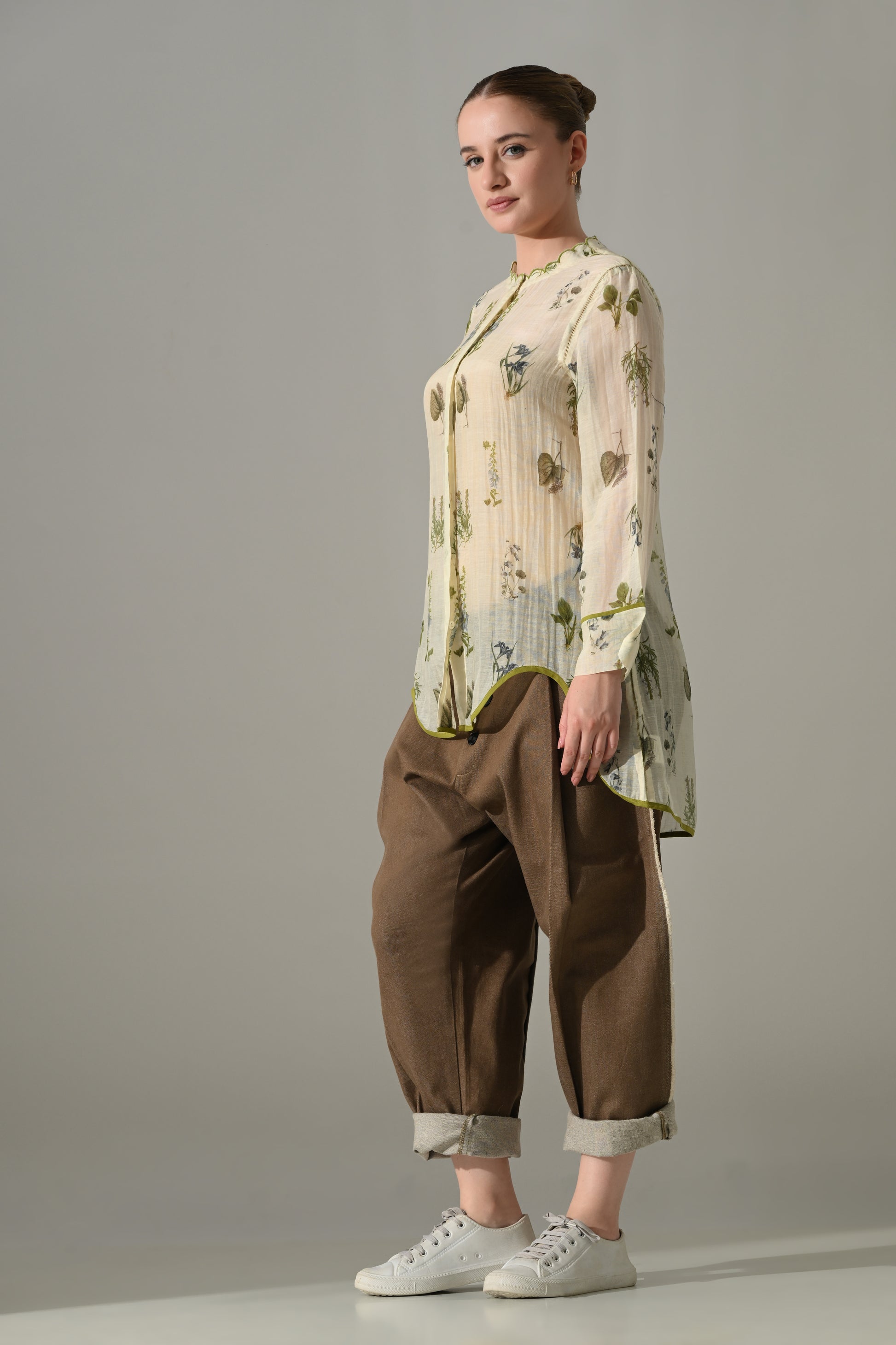 Cream Floral  high low Tunic and pant Set - samant chauhan design 