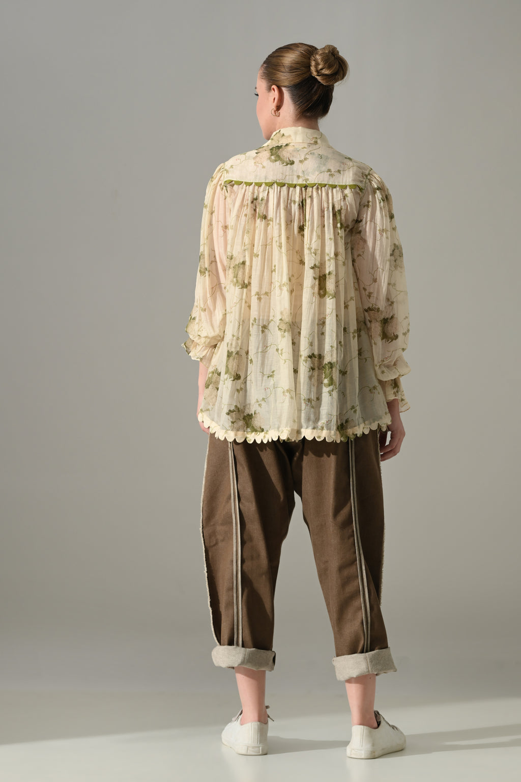 Cream Botanical Print Gathered Shirt Set - samant chauhan design 