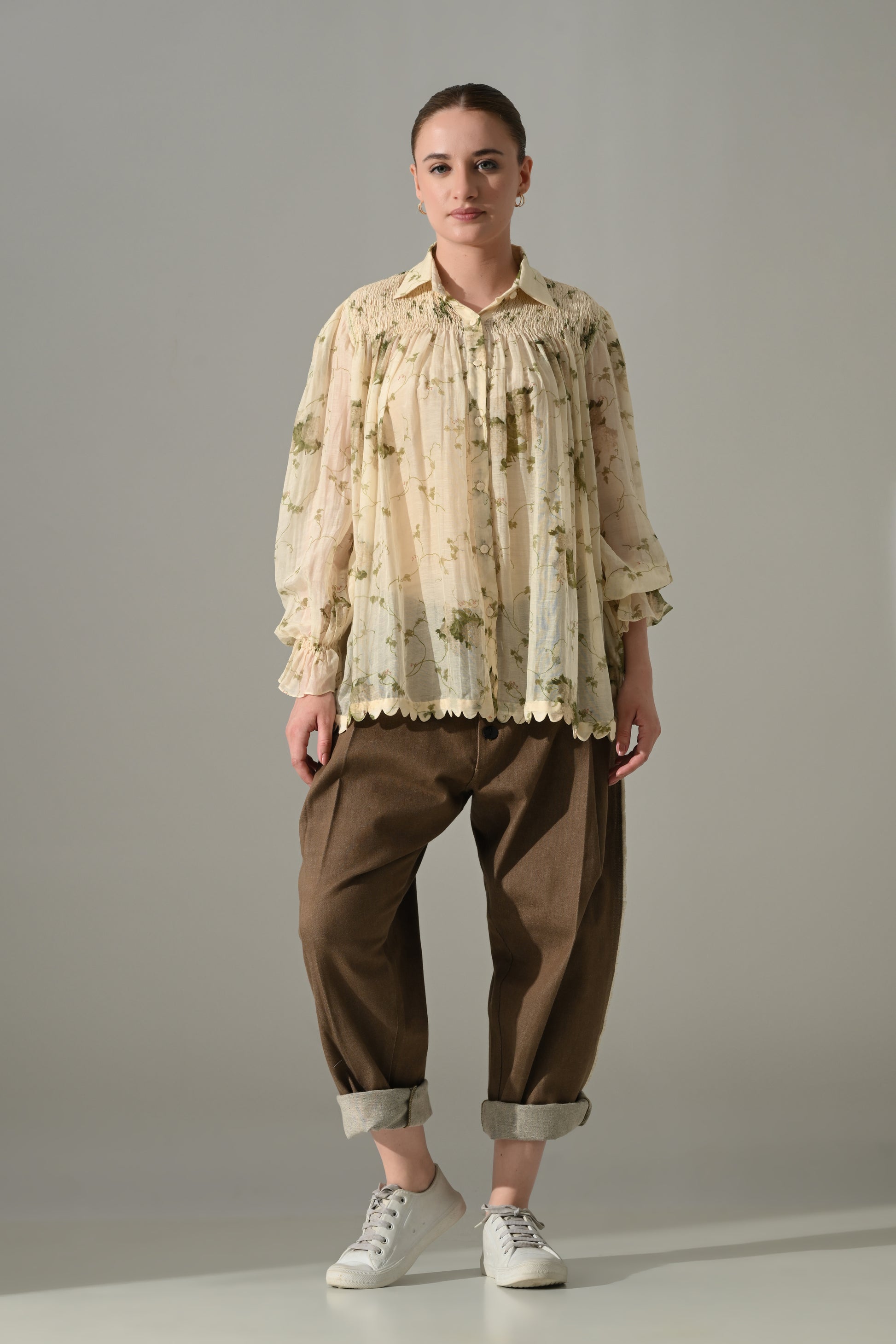 Cream Botanical Print Gathered Shirt Set - samant chauhan design 