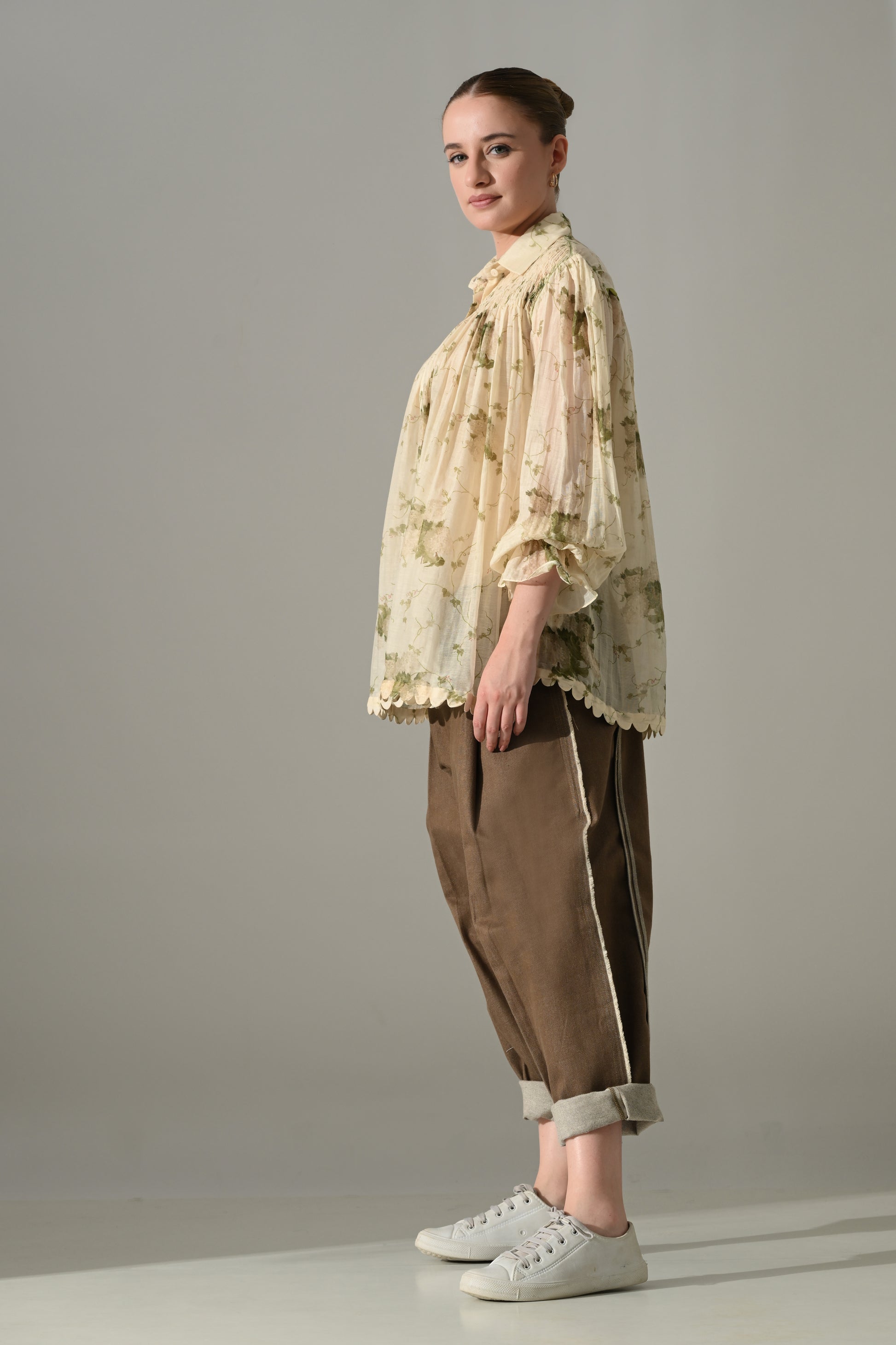 Cream Botanical Print Gathered Shirt Set - samant chauhan design 