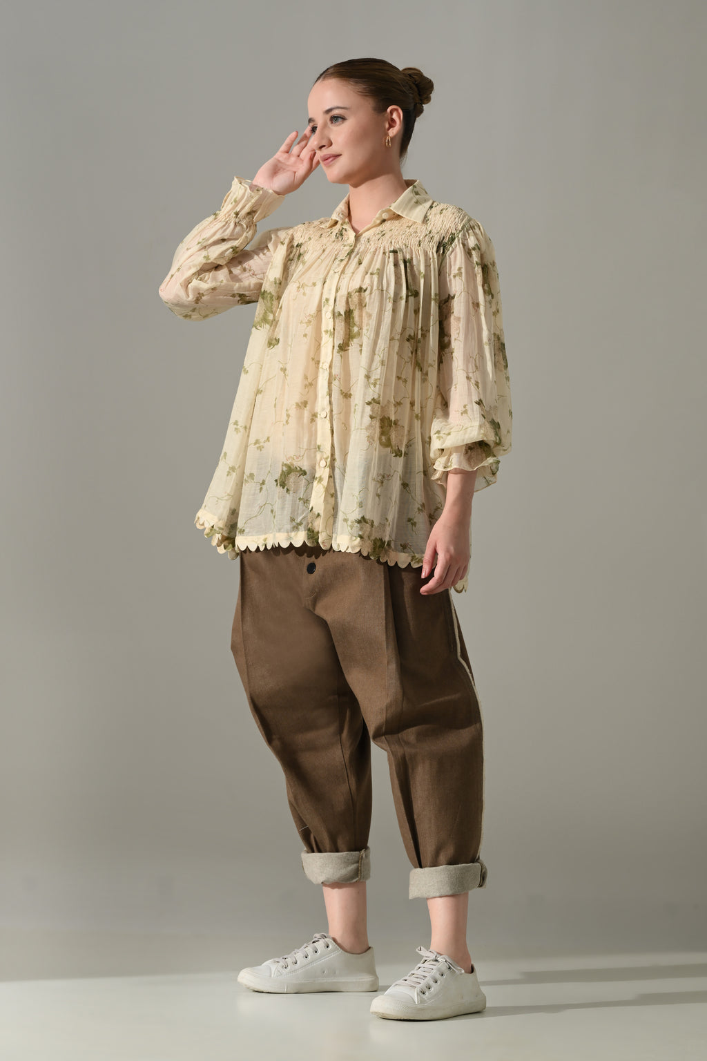 Cream Botanical Print Gathered Shirt Set - samant chauhan design 