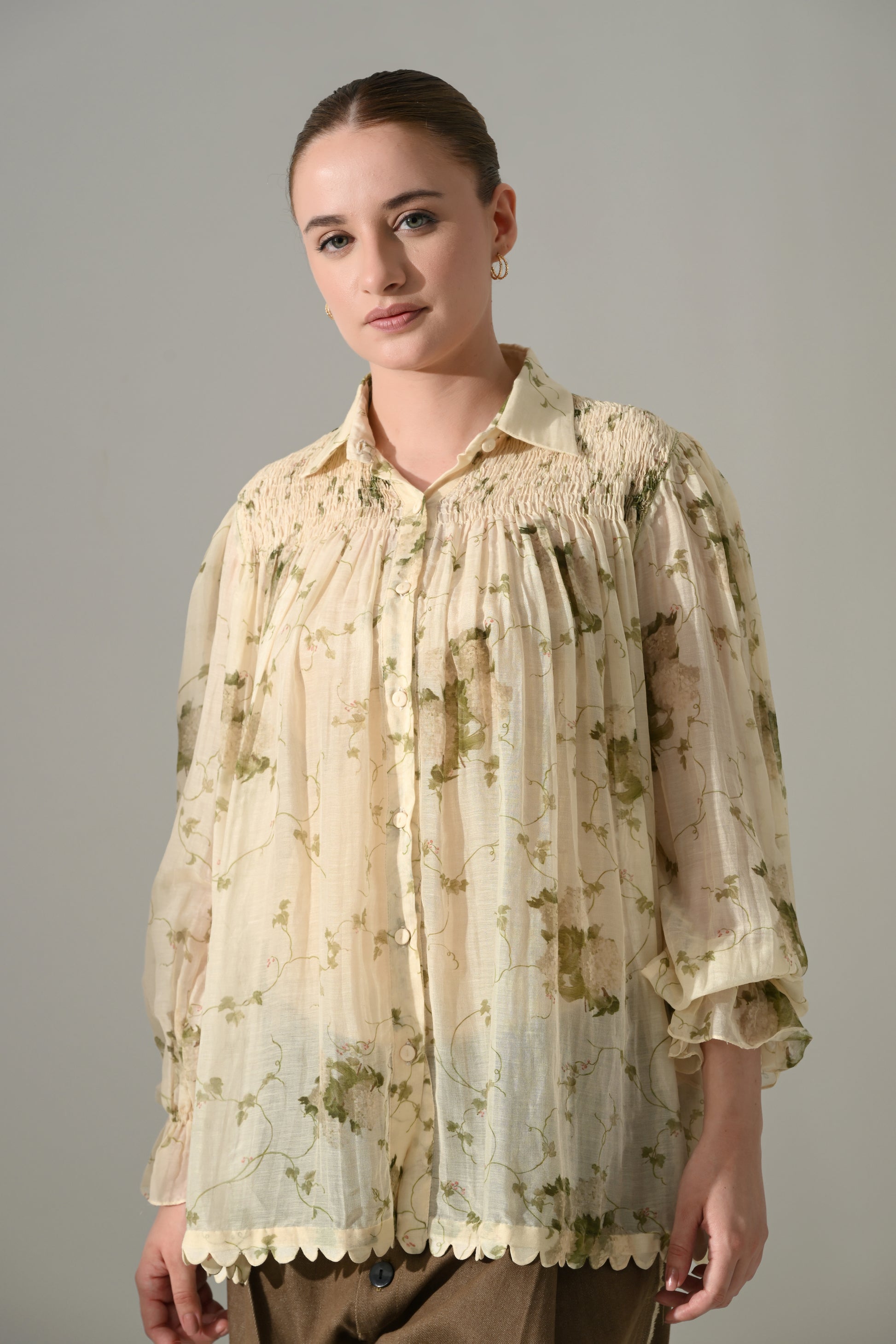 Cream Botanical Print Gathered Shirt Set - samant chauhan design 