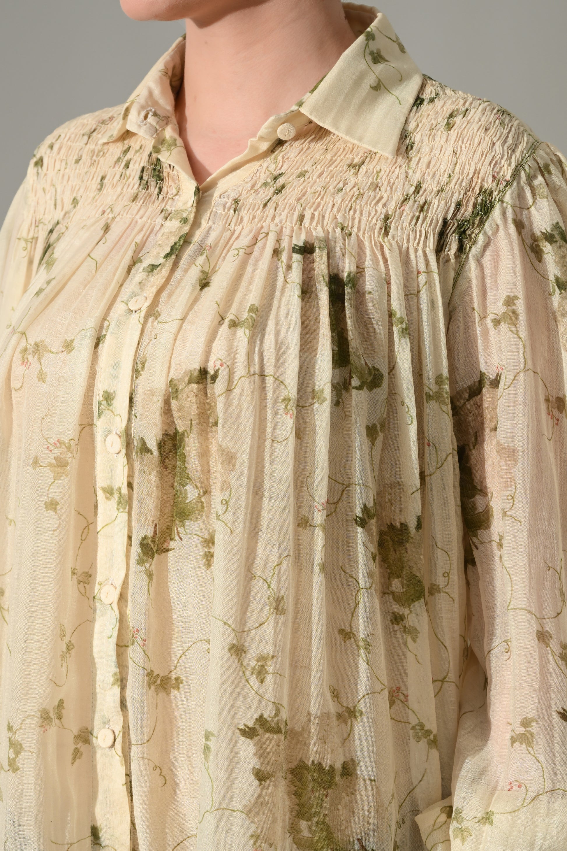 Cream Botanical Print Gathered Shirt Set - samant chauhan design 