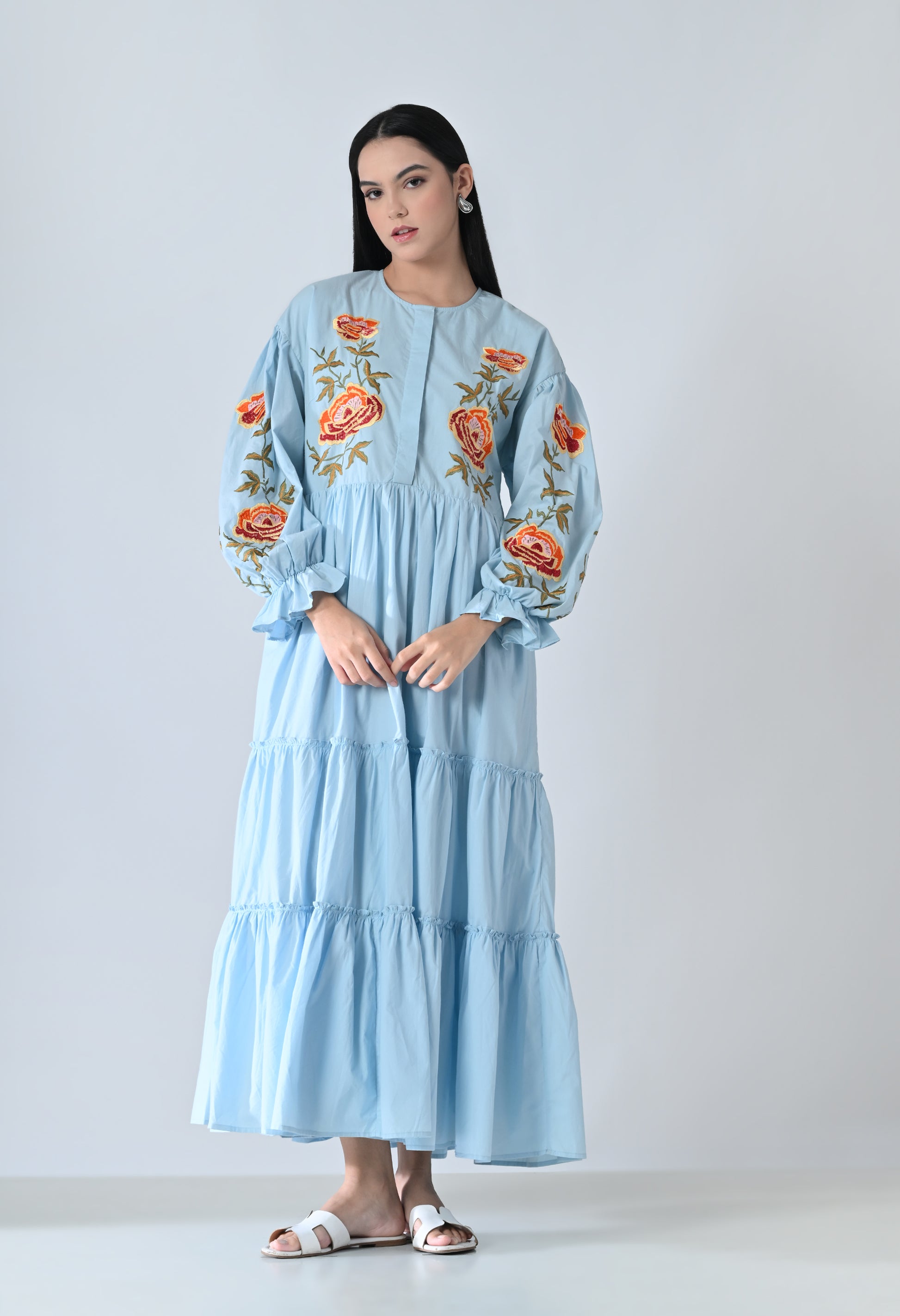 blue embroided dress