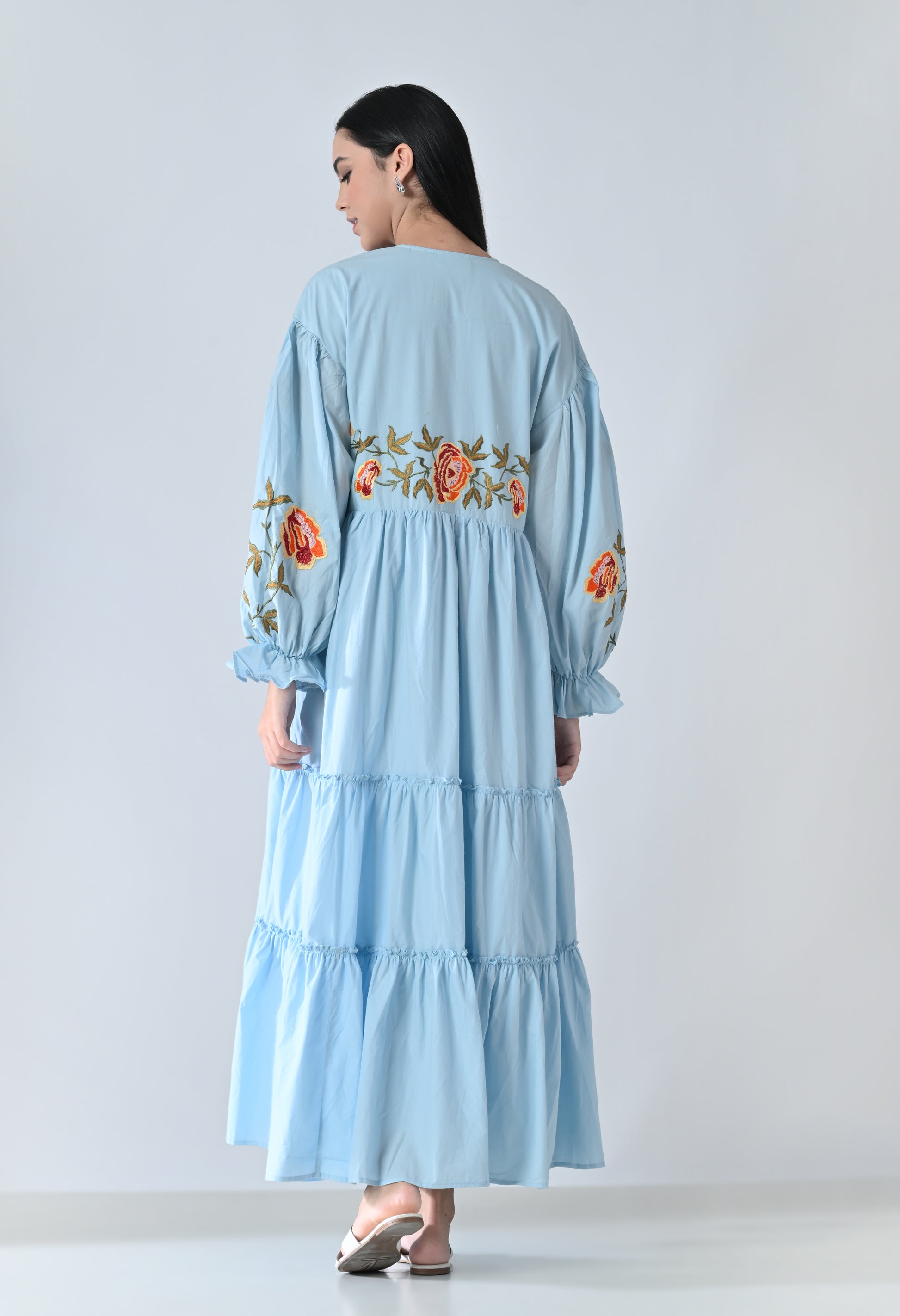 blue embroided dress