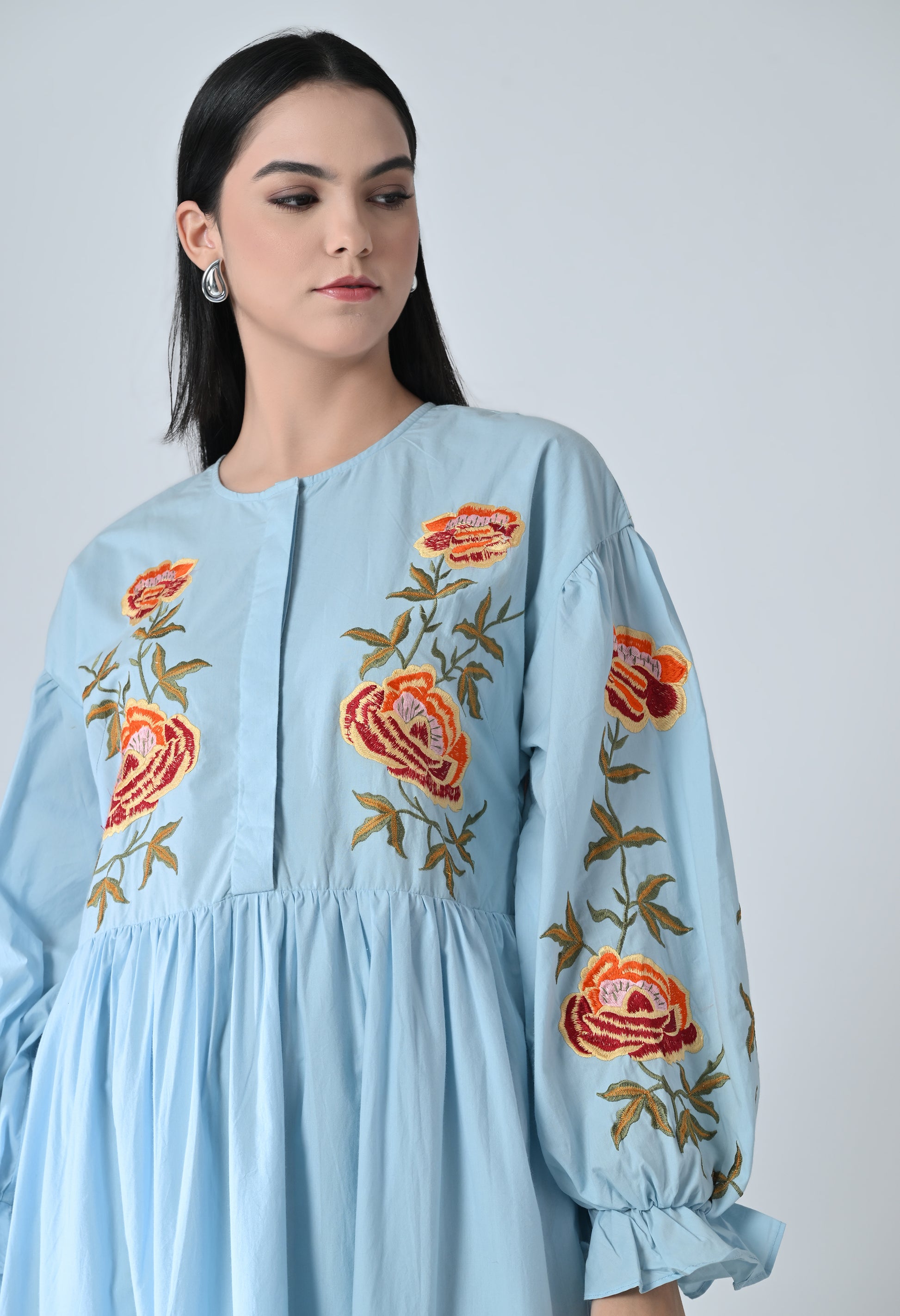 blue embroided dress