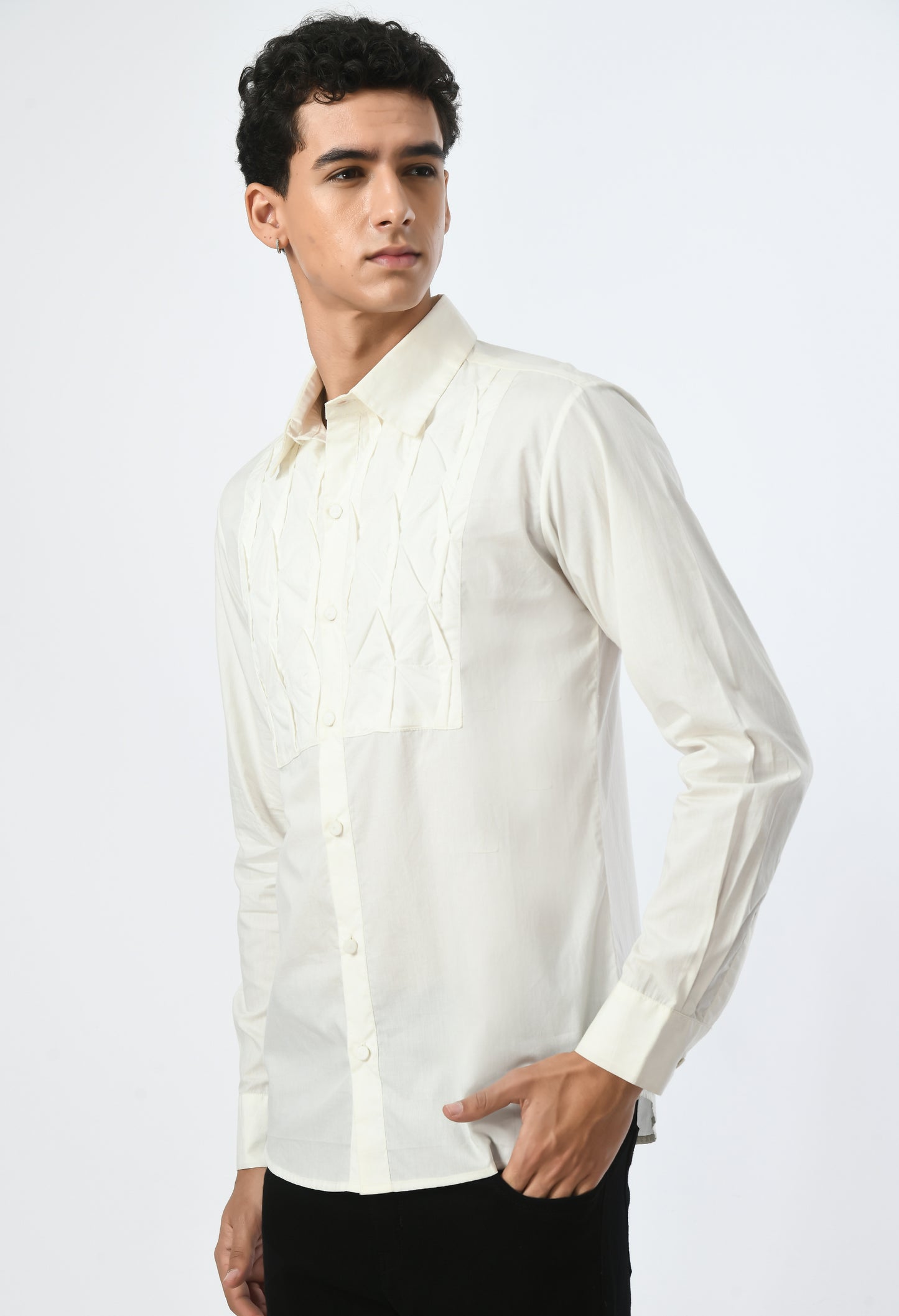 Semiformal white mens cotton shirt.