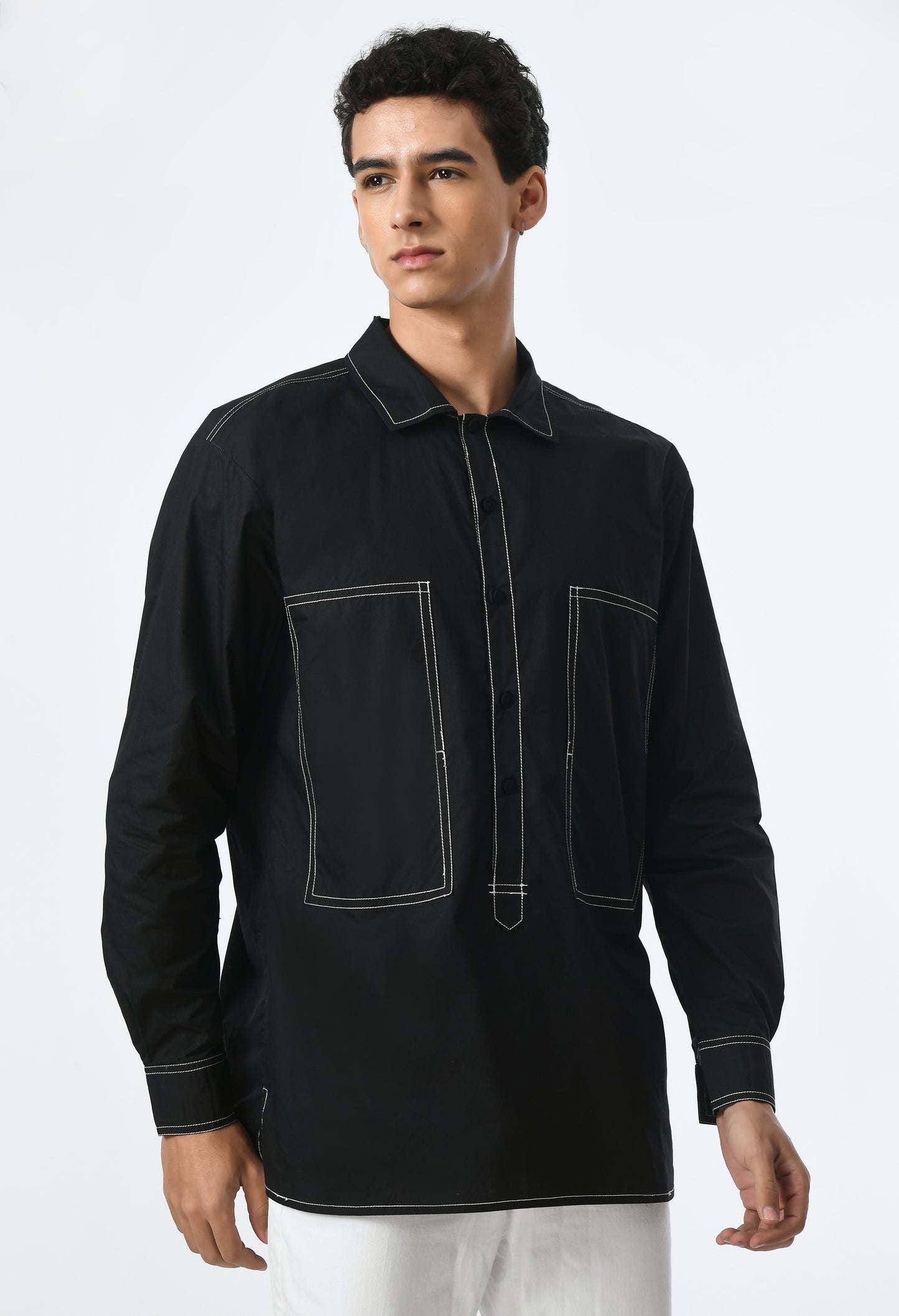 Unisex black shirt with classic collar.