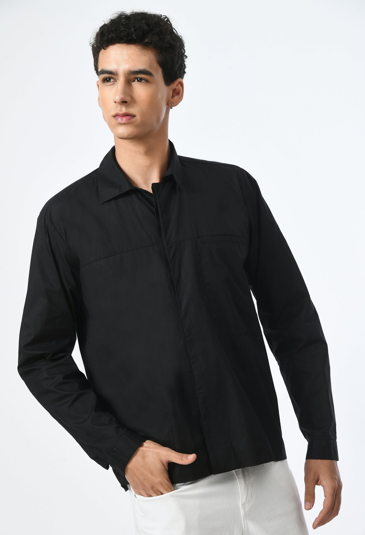 Black men's cotton shirt with a classic collar.