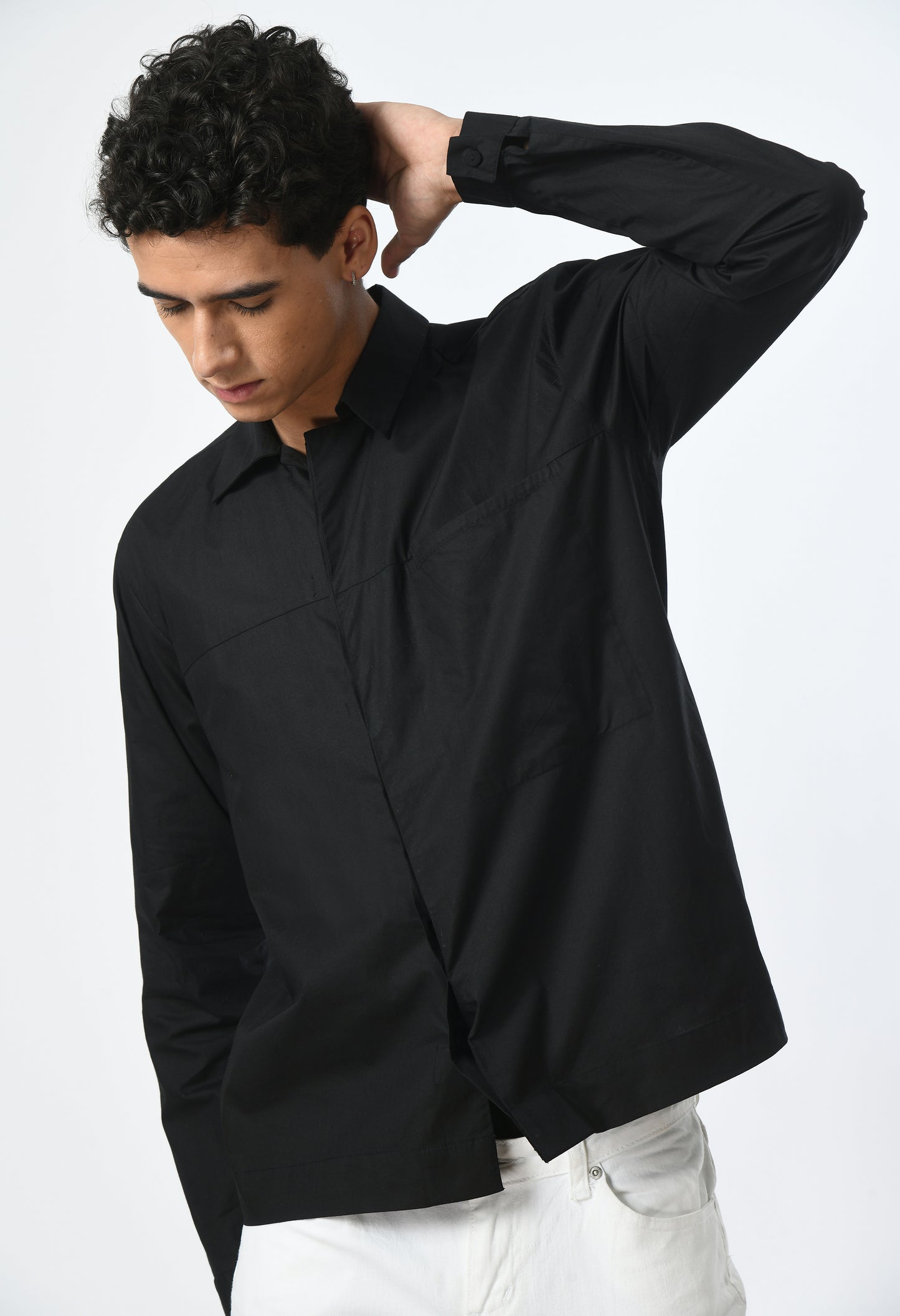 Black men's cotton shirt with a classic collar.