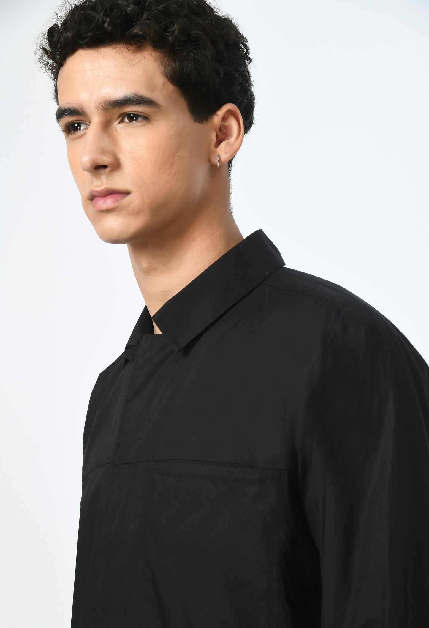 Black men's cotton shirt with a classic collar.