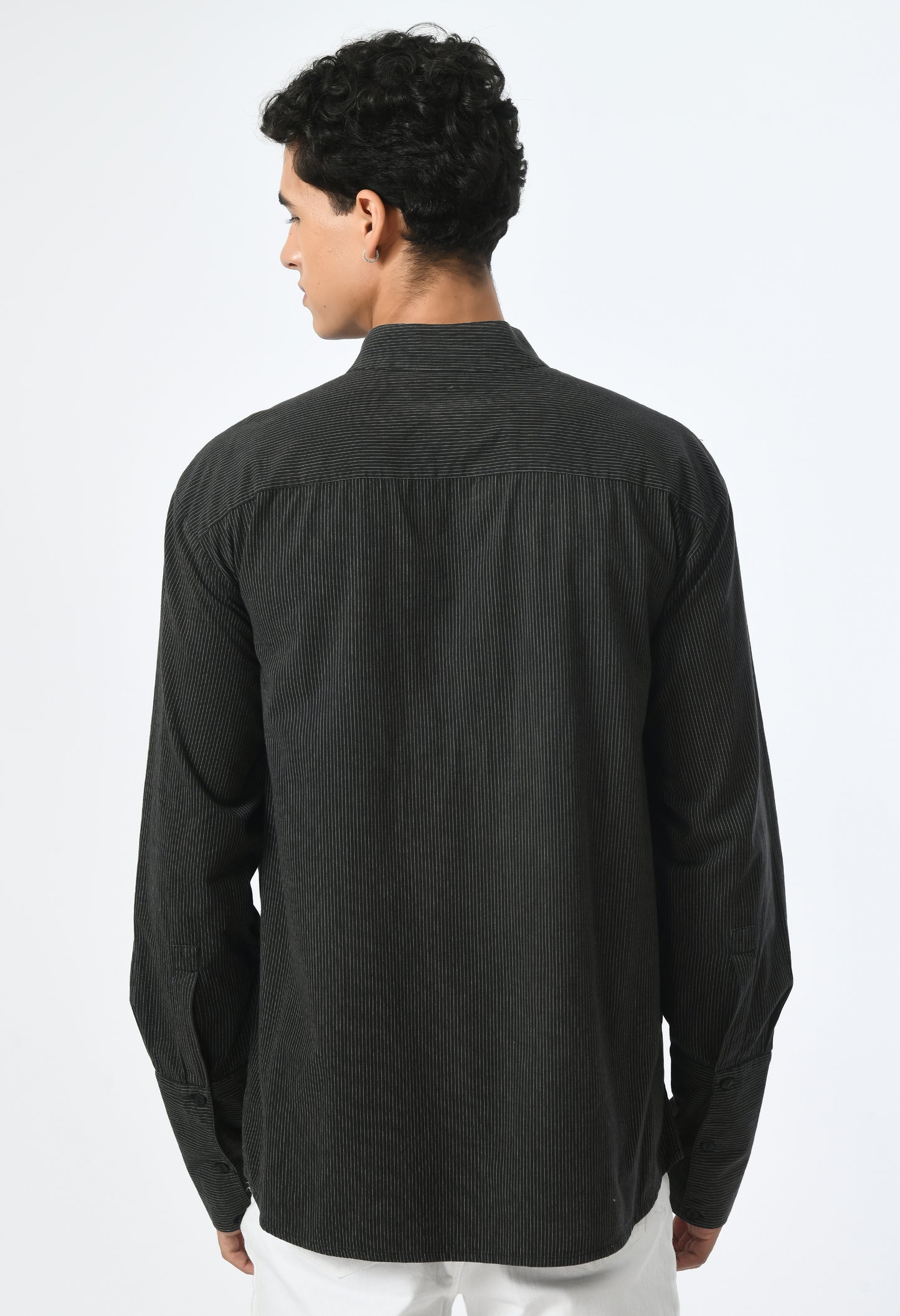 Men's charcoal shirt adorned with white stripes.