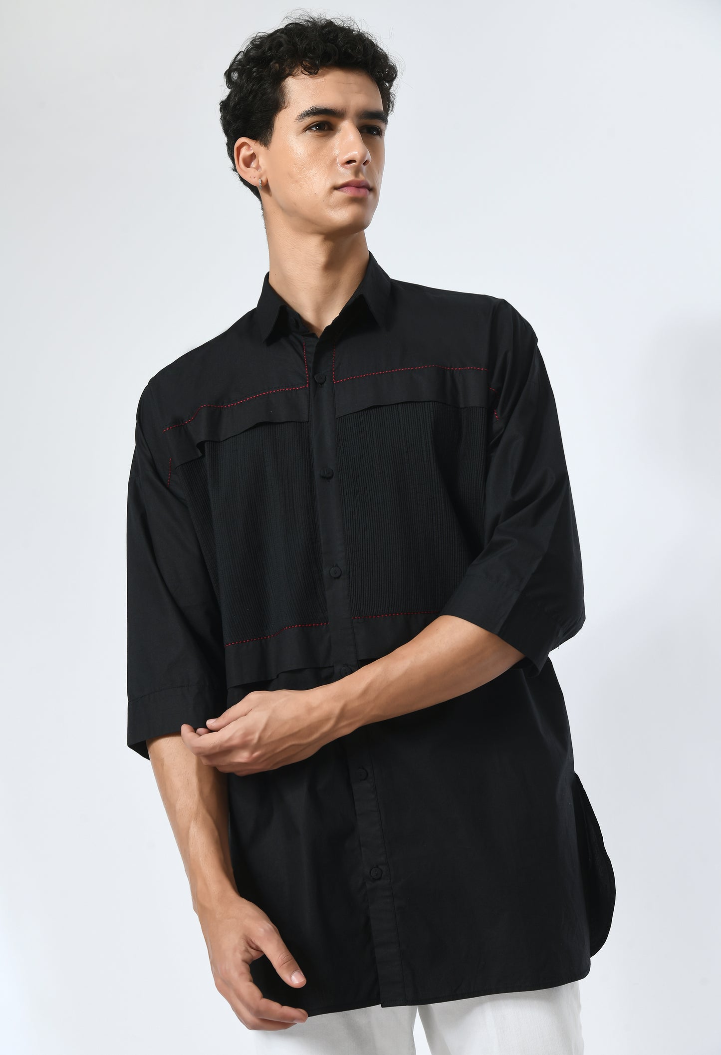 Unisex black cotton shirt with pintuk detailing.