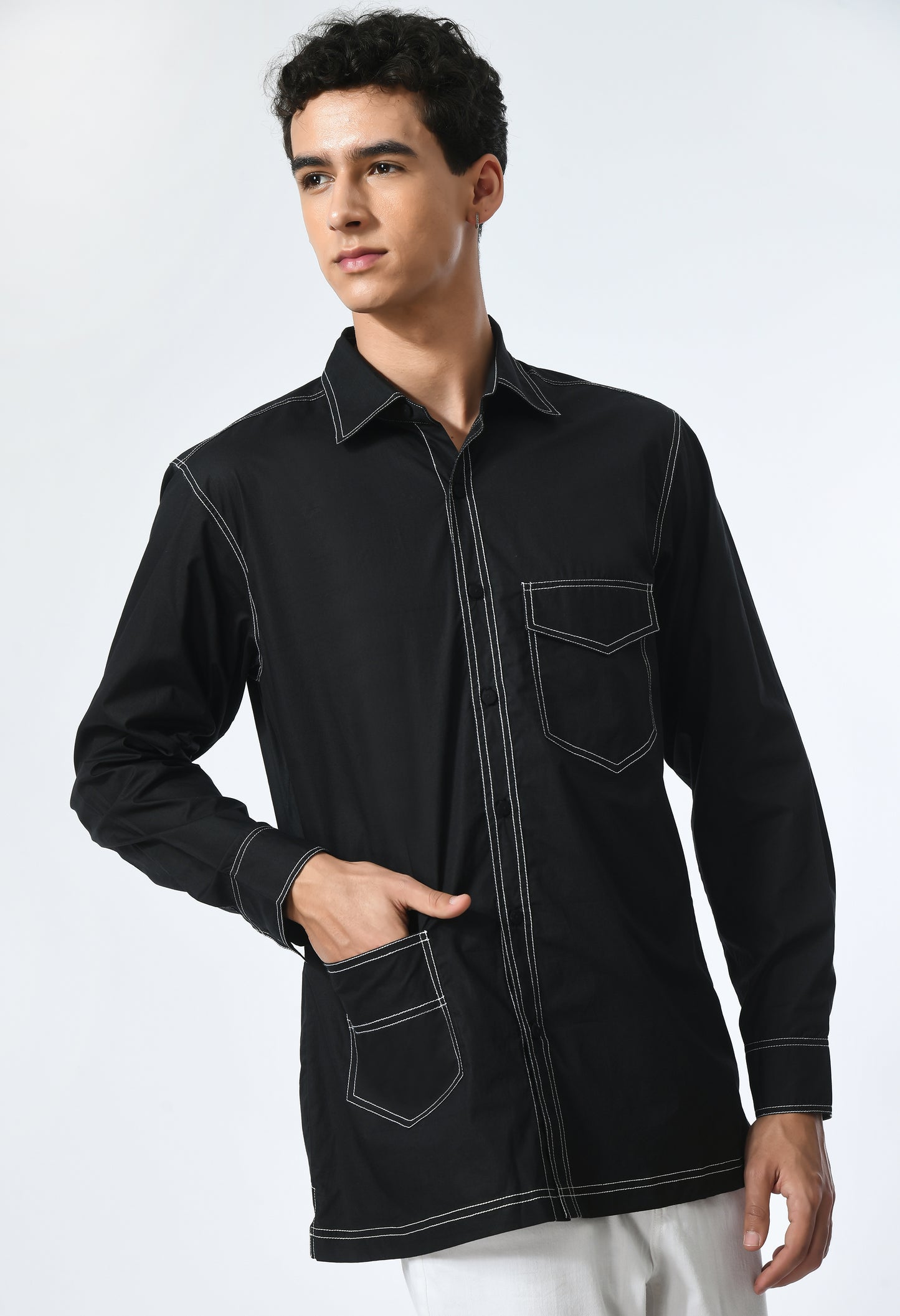 Men's black cotton shirt features a classic collar.