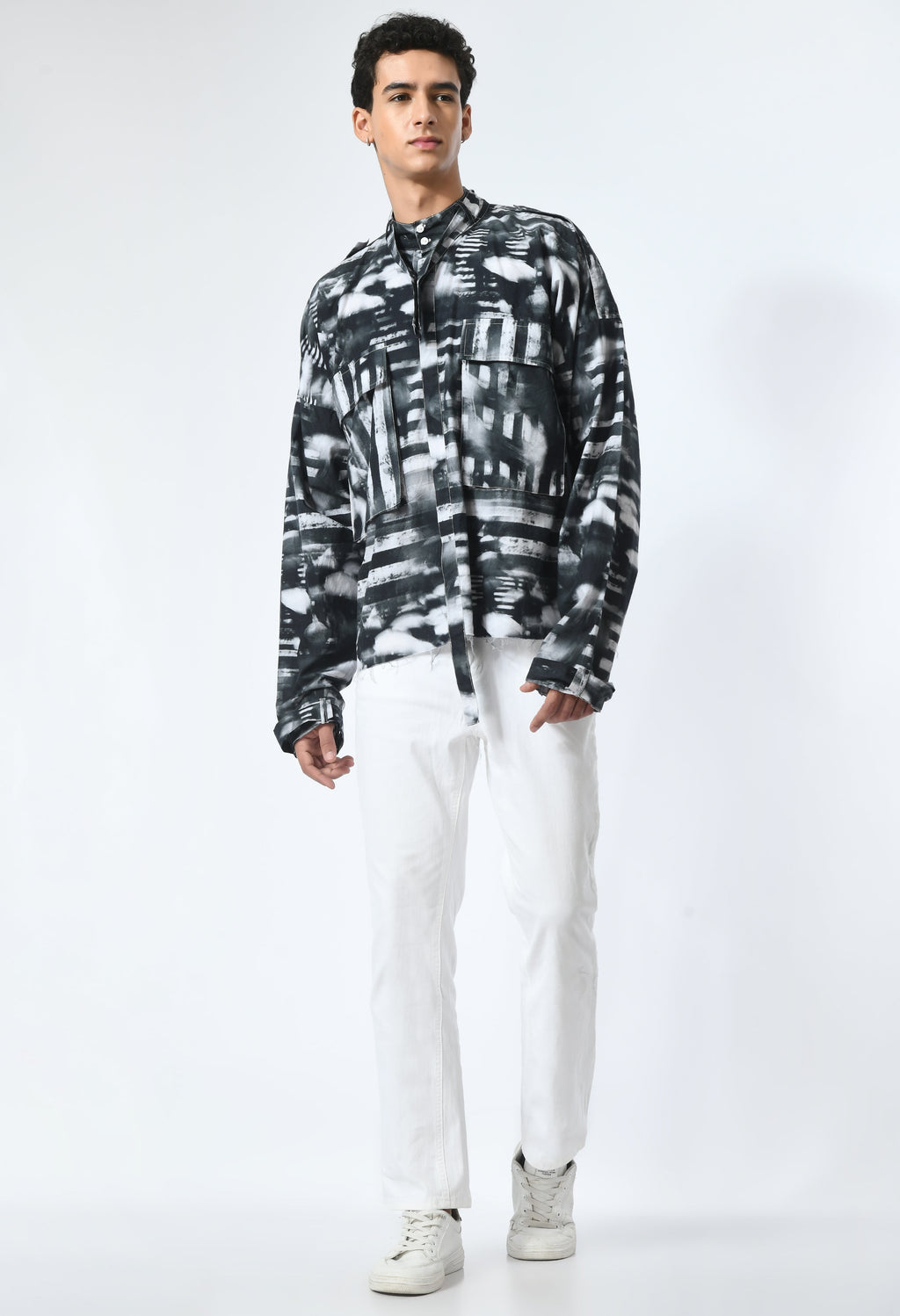 SHADOW LINES SHIRT in black and white print, inspired by the Bombay to Tokyo journey, crafted from soft cotton.