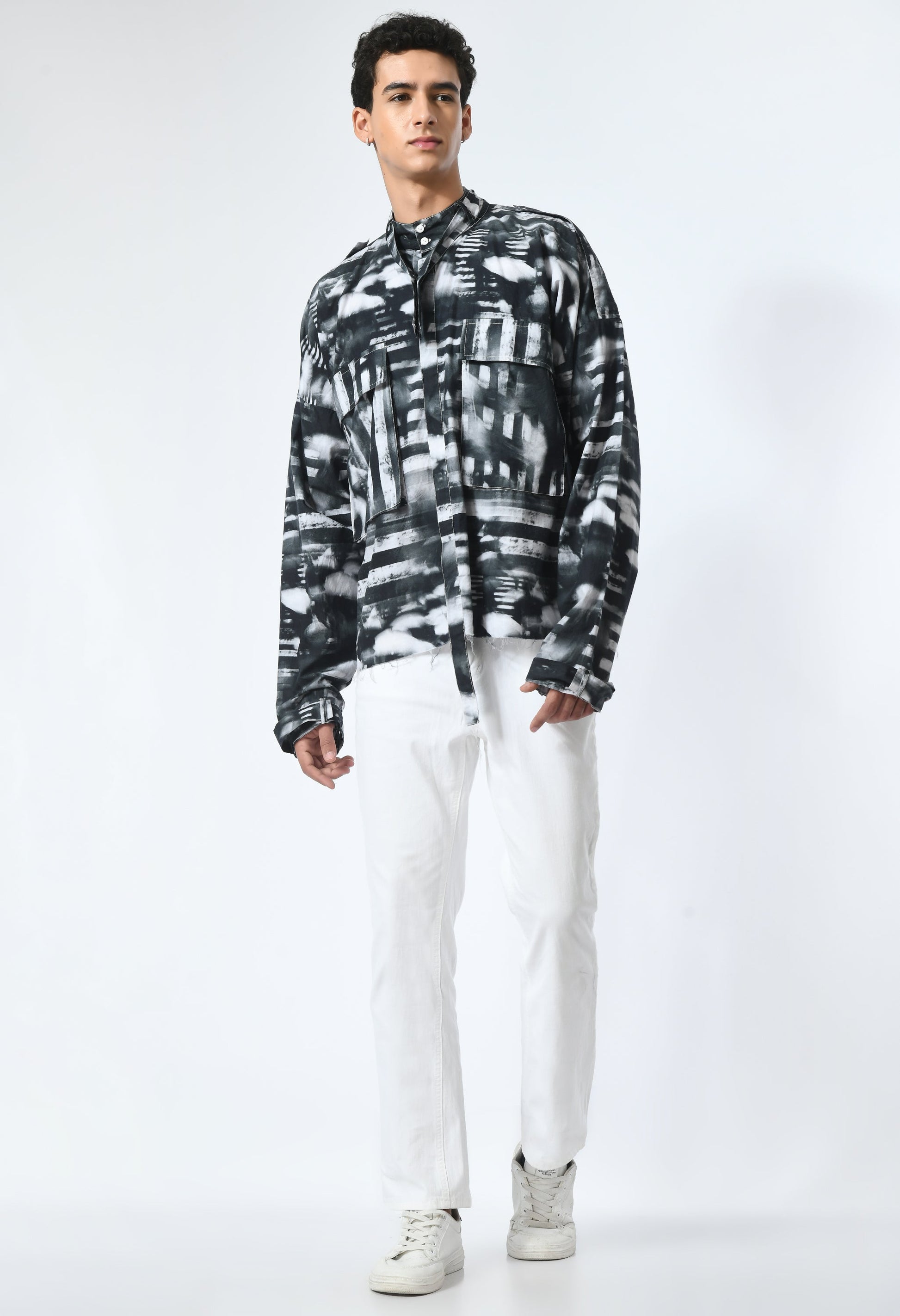 SHADOW LINES SHIRT in black and white print, inspired by the Bombay to Tokyo journey, crafted from soft cotton.