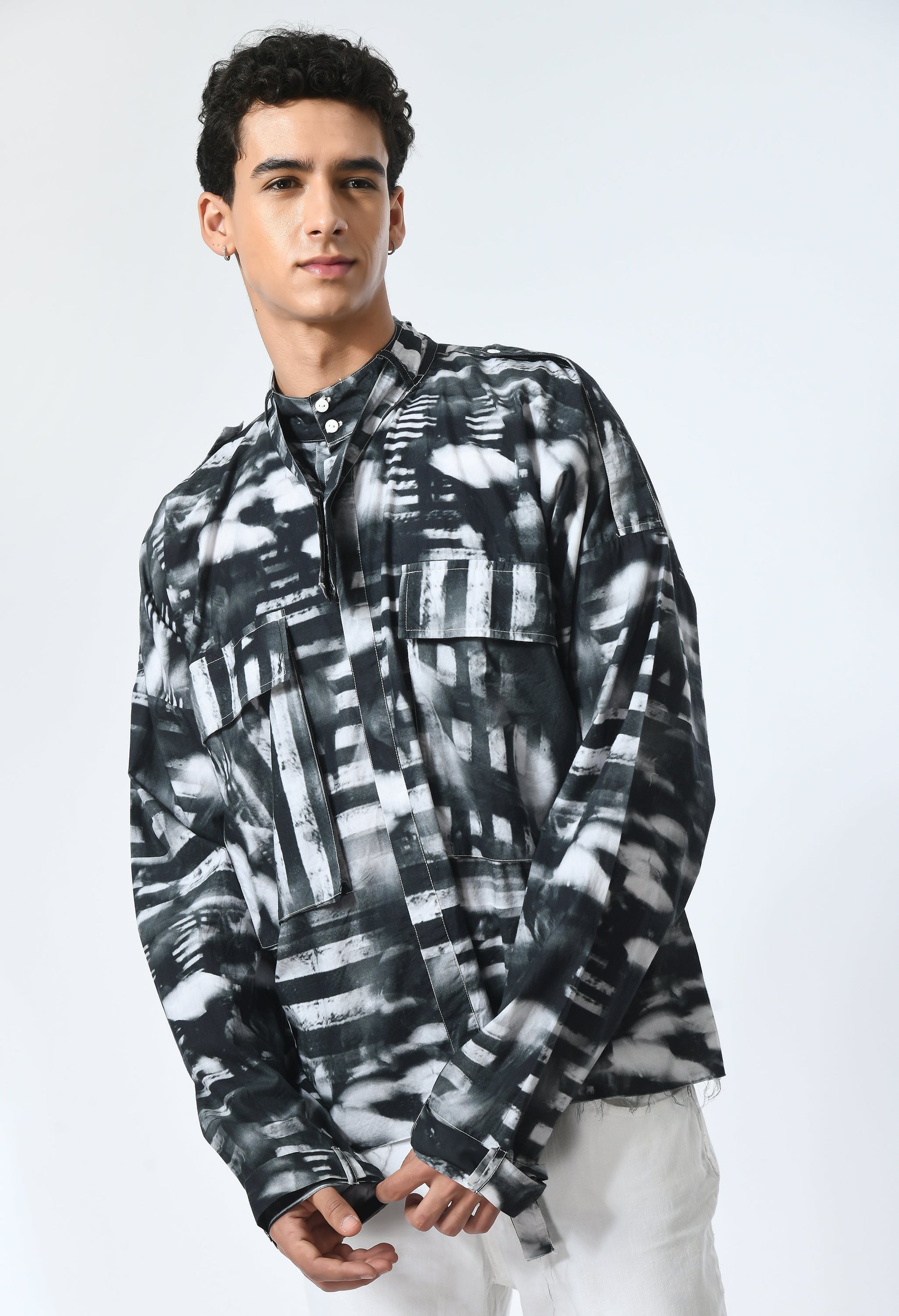 SHADOW LINES SHIRT in soft cotton with Bombay to Tokyo inspired print.