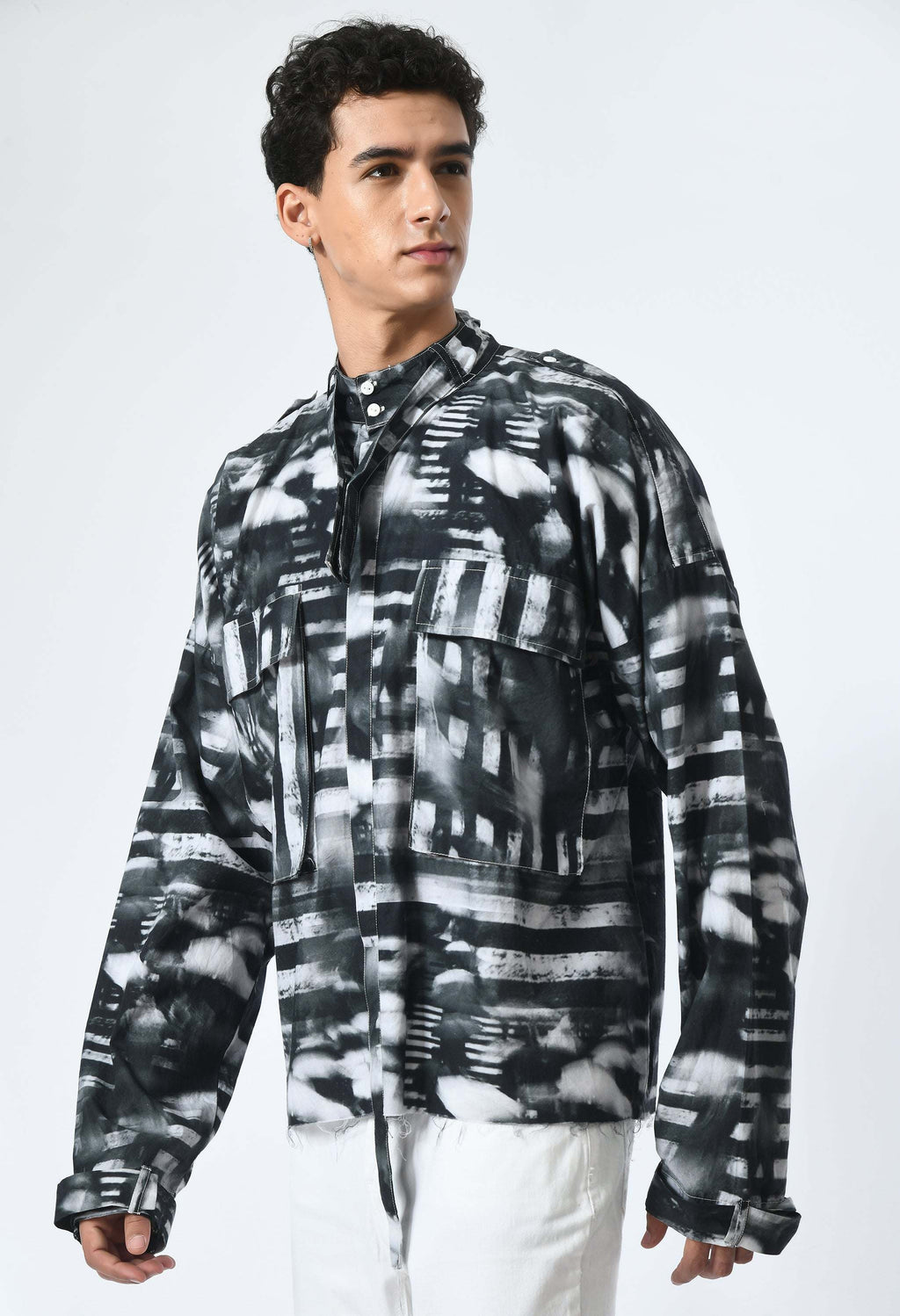 SHADOW LINES SHIRT in soft cotton with Bombay to Tokyo inspired print.