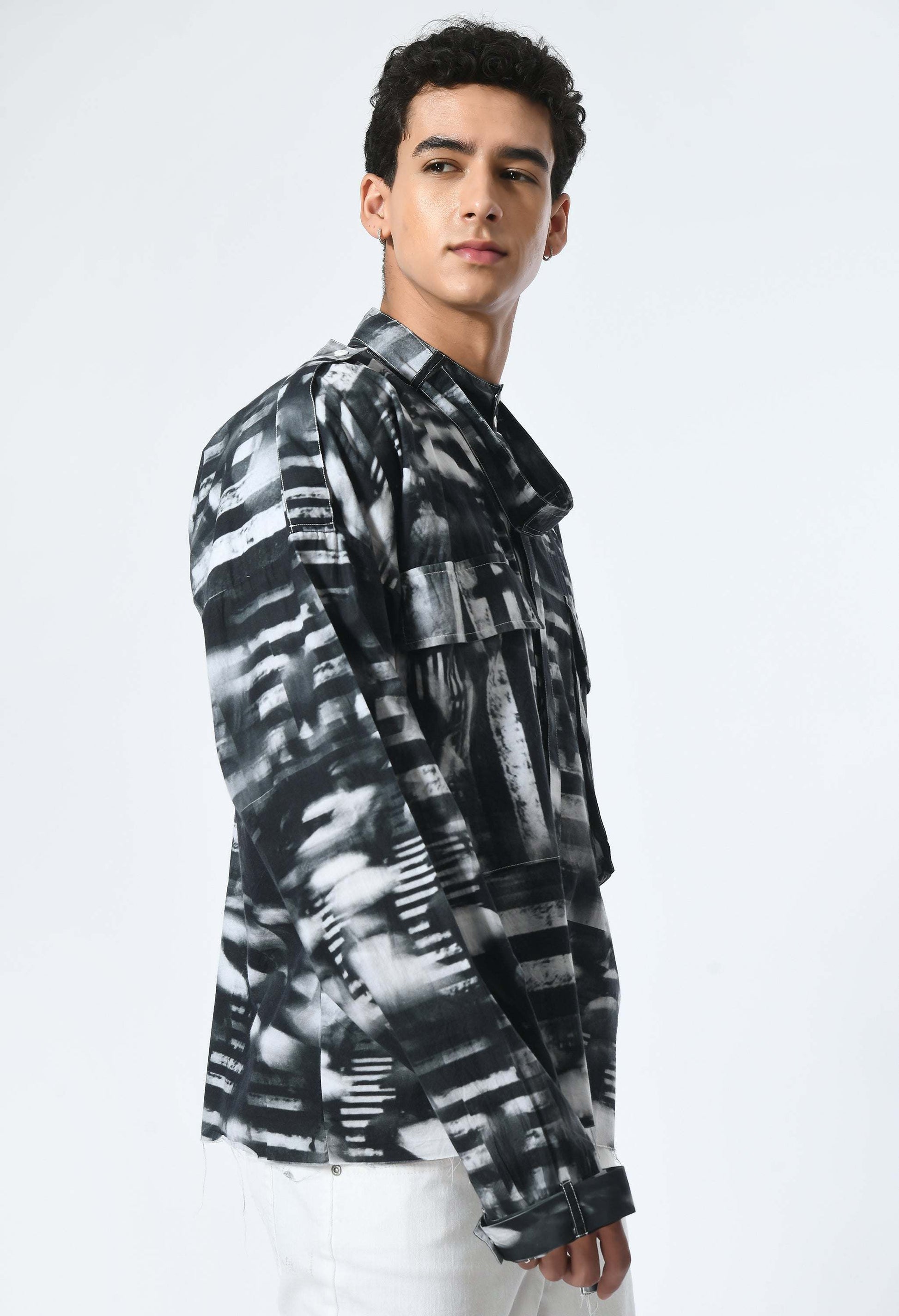 SHADOW LINES SHIRT in soft cotton with Bombay to Tokyo inspired print.