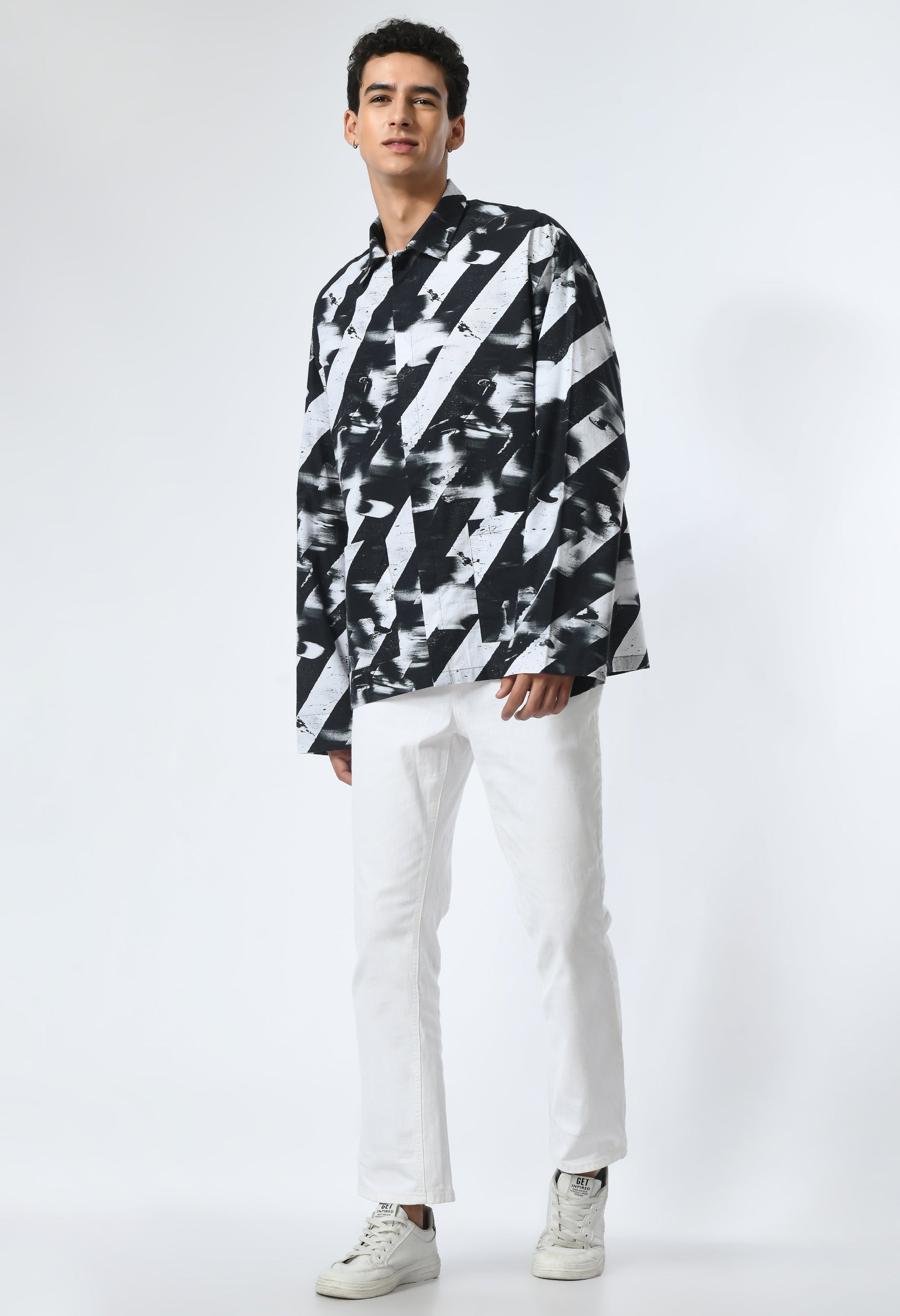 BINARY STRIPES SHIRT in soft cotton with cultural print inspired by Bombay to Tokyo journey.