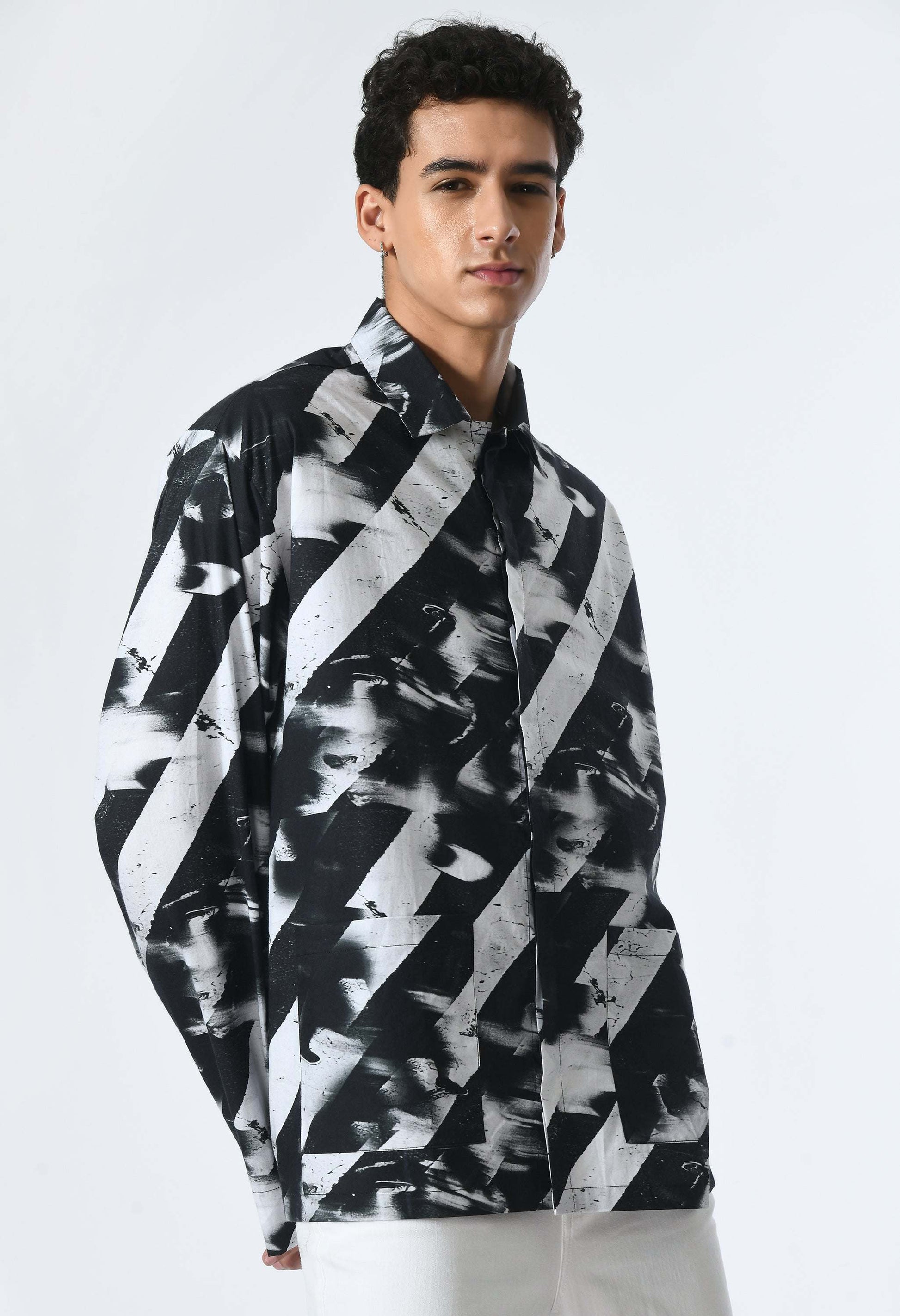 BINARY STRIPES SHIRT in soft cotton with Bombay to Tokyo inspired print.