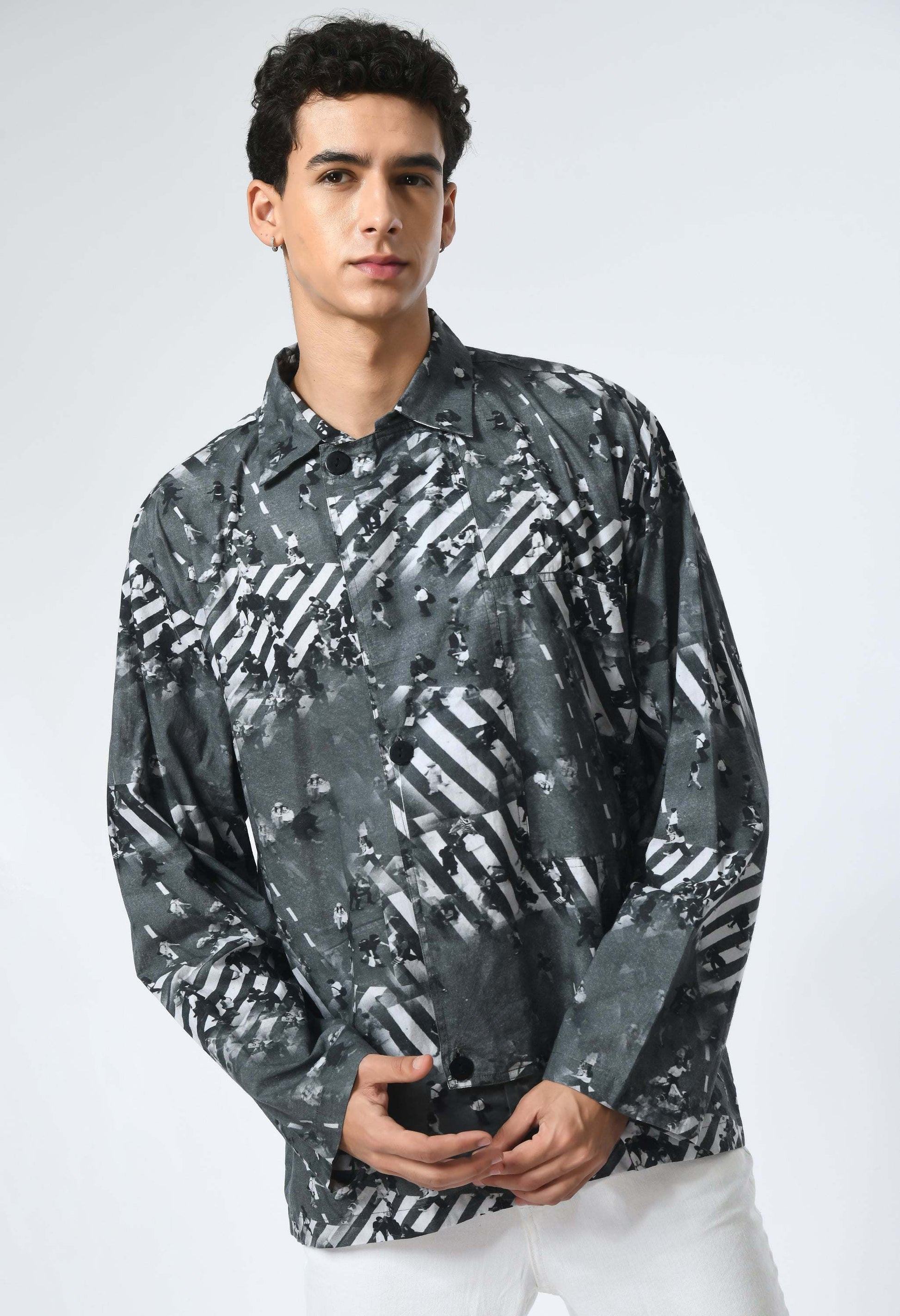 Grey matter shirt in soft cotton with Bombay to Tokyo inspired print.