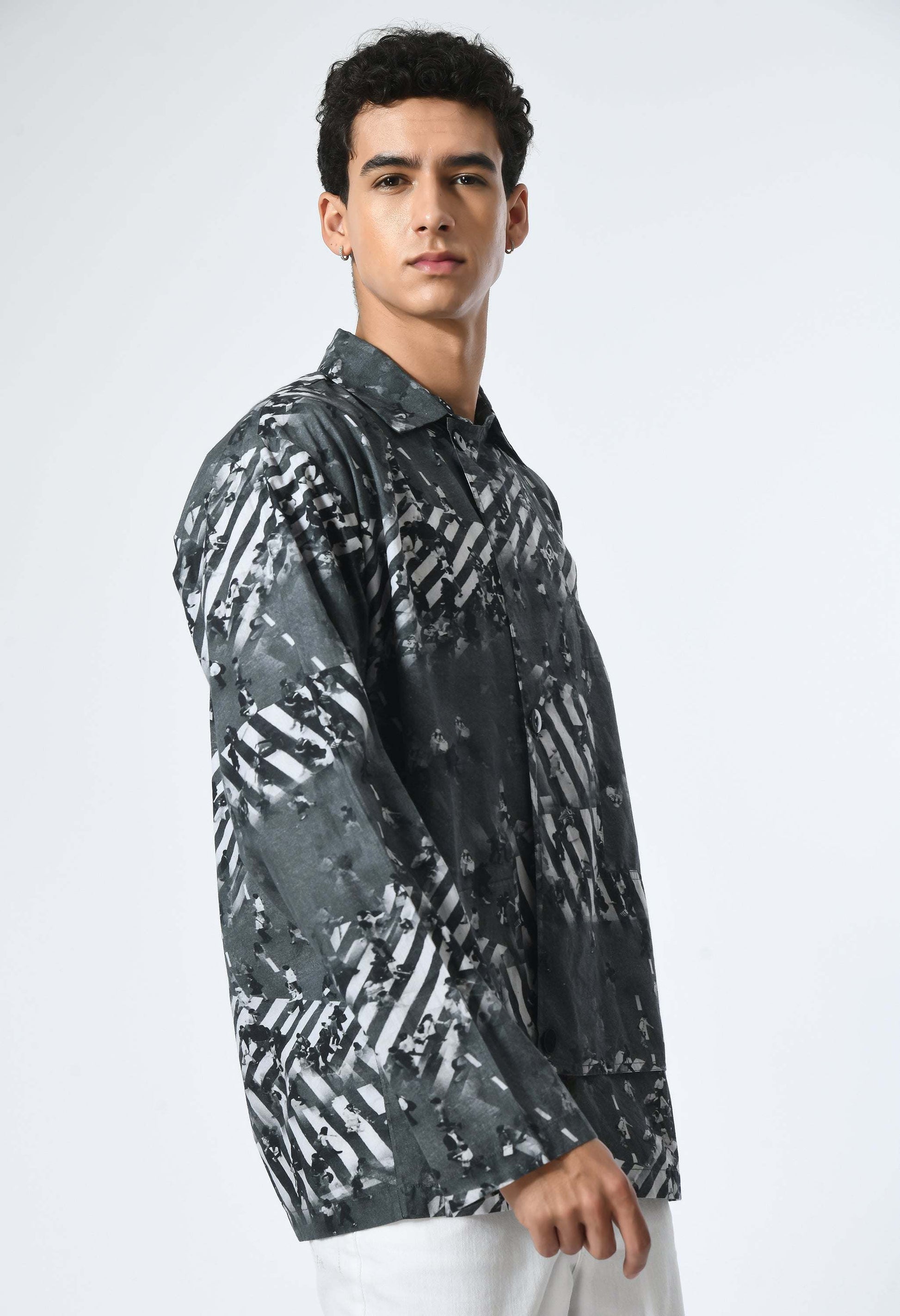 GREY MATTER SHIRT with cultural print inspired by Bombay to Tokyo journey.