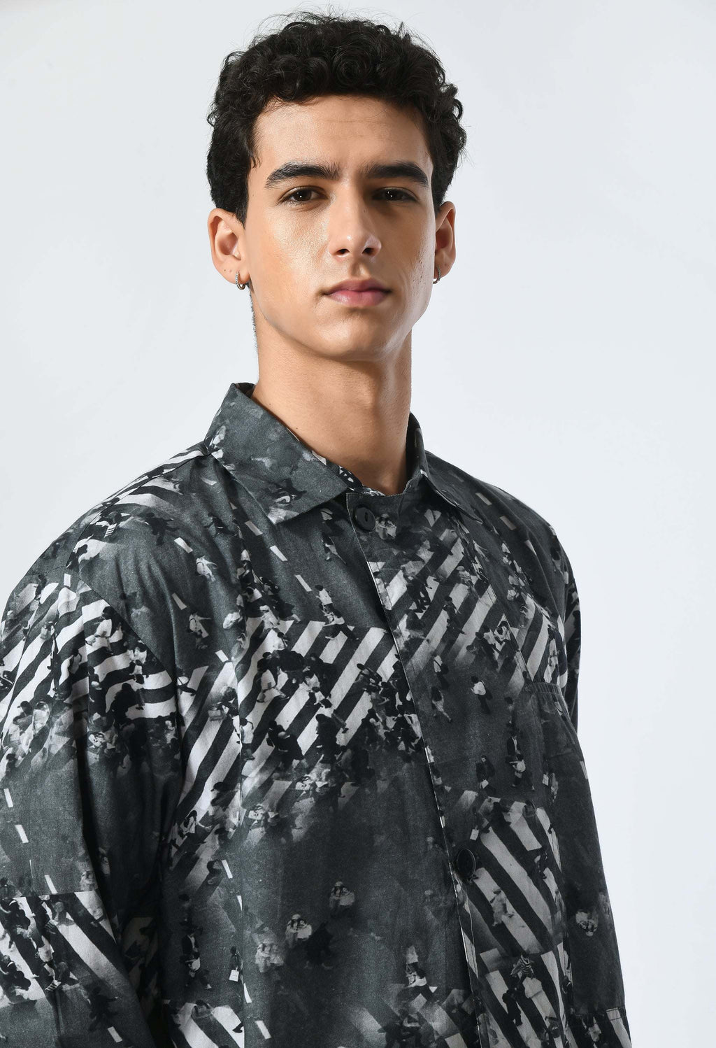 Grey Matter Shirt with Bombay to Tokyo journey-inspired print in soft cotton.