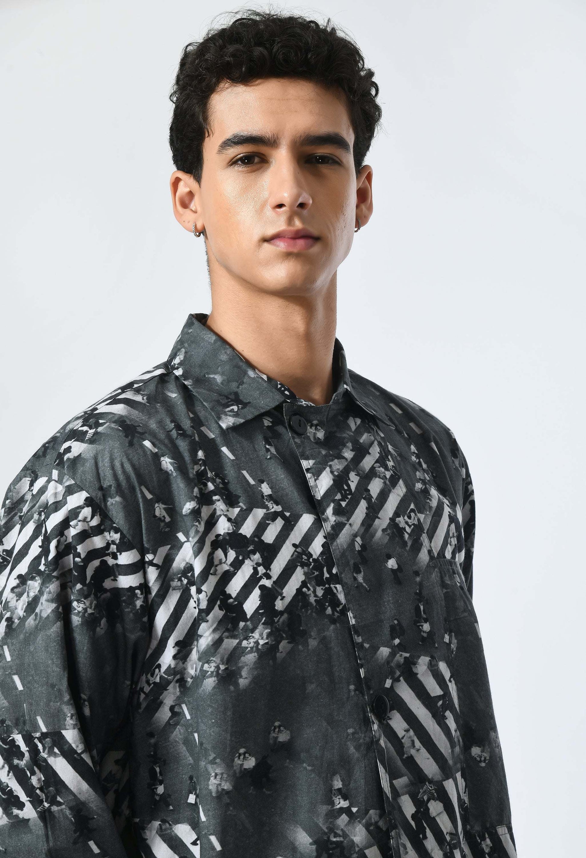 Grey Matter Shirt with Bombay to Tokyo journey-inspired print in soft cotton.