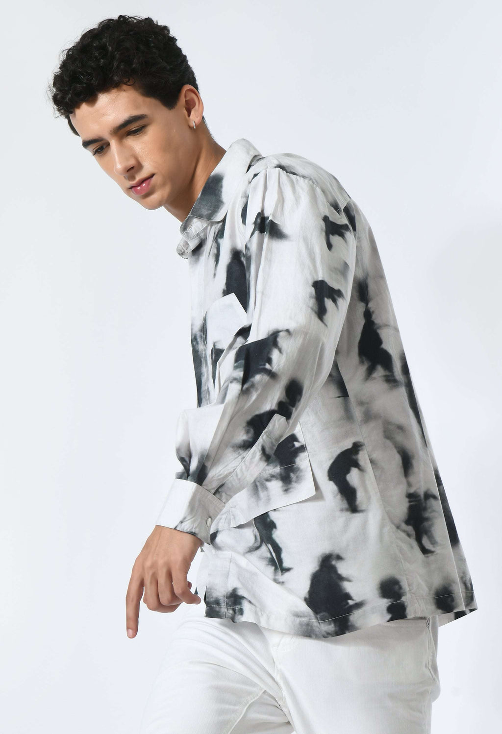SMUDGE PLAY SHIRT with culture-inspired black and white print, soft cotton fabric.