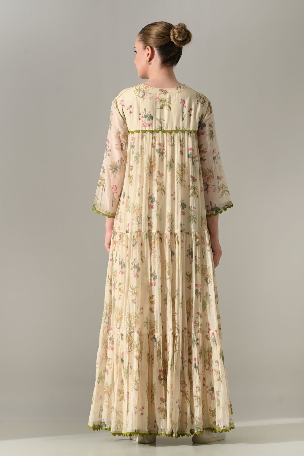 Cream Floral Tiered long Dress - samant chauhan design 