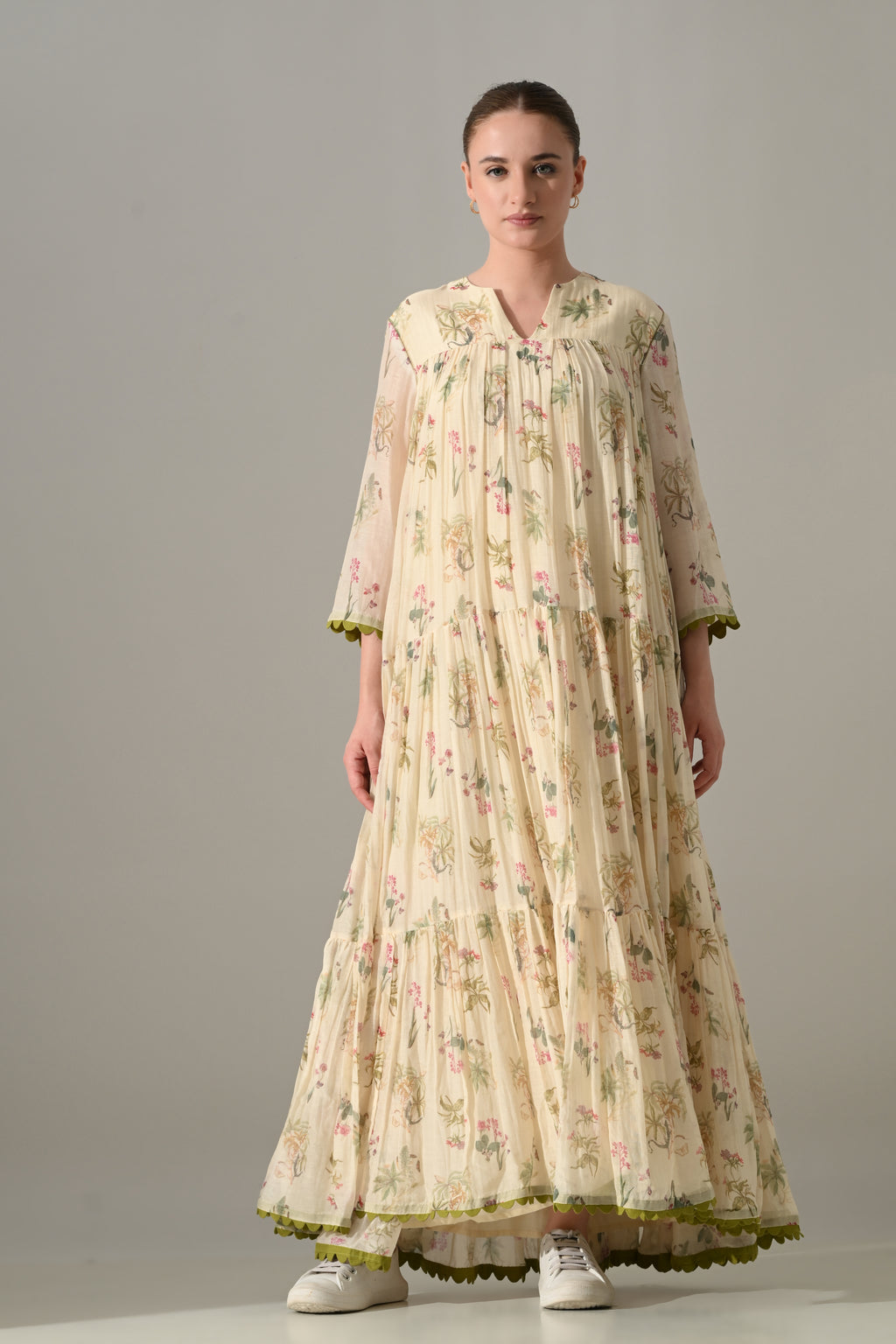 Cream Floral Tiered long Dress - samant chauhan design 