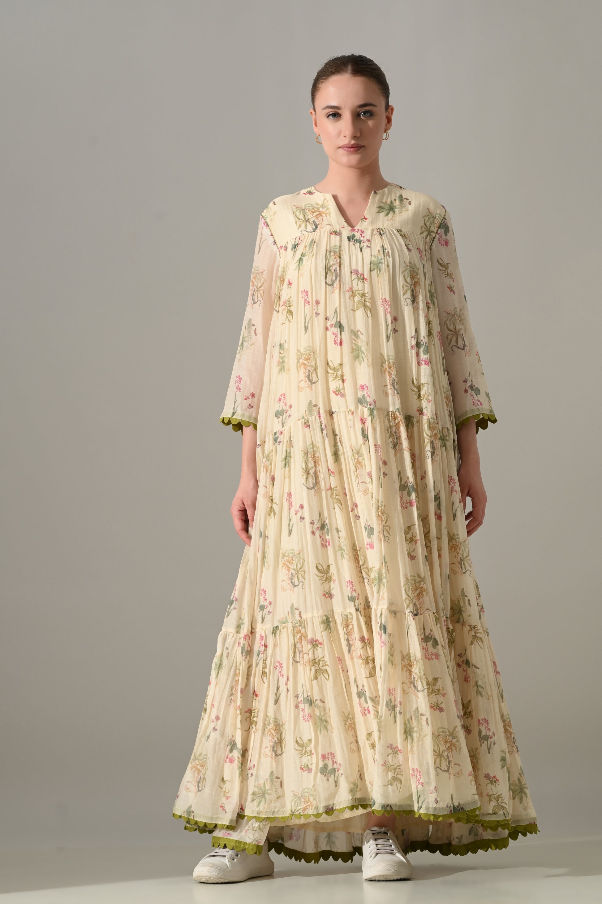 Cream Floral Tiered long Dress - samant chauhan design 