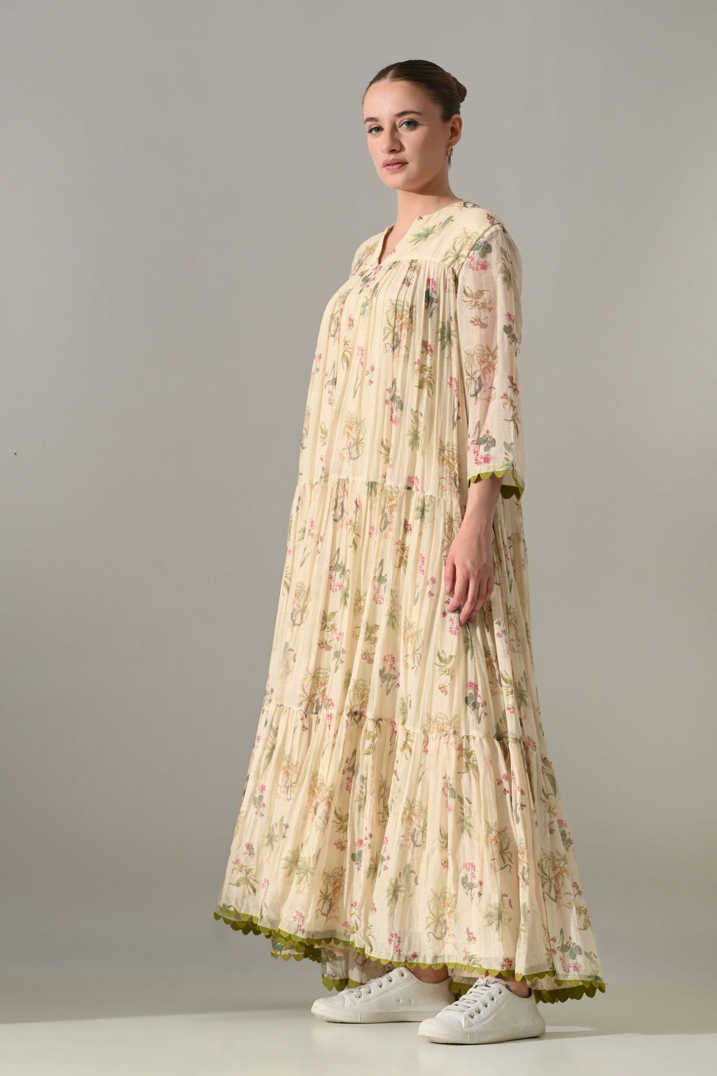 Cream Floral Tiered long Dress - samant chauhan design 