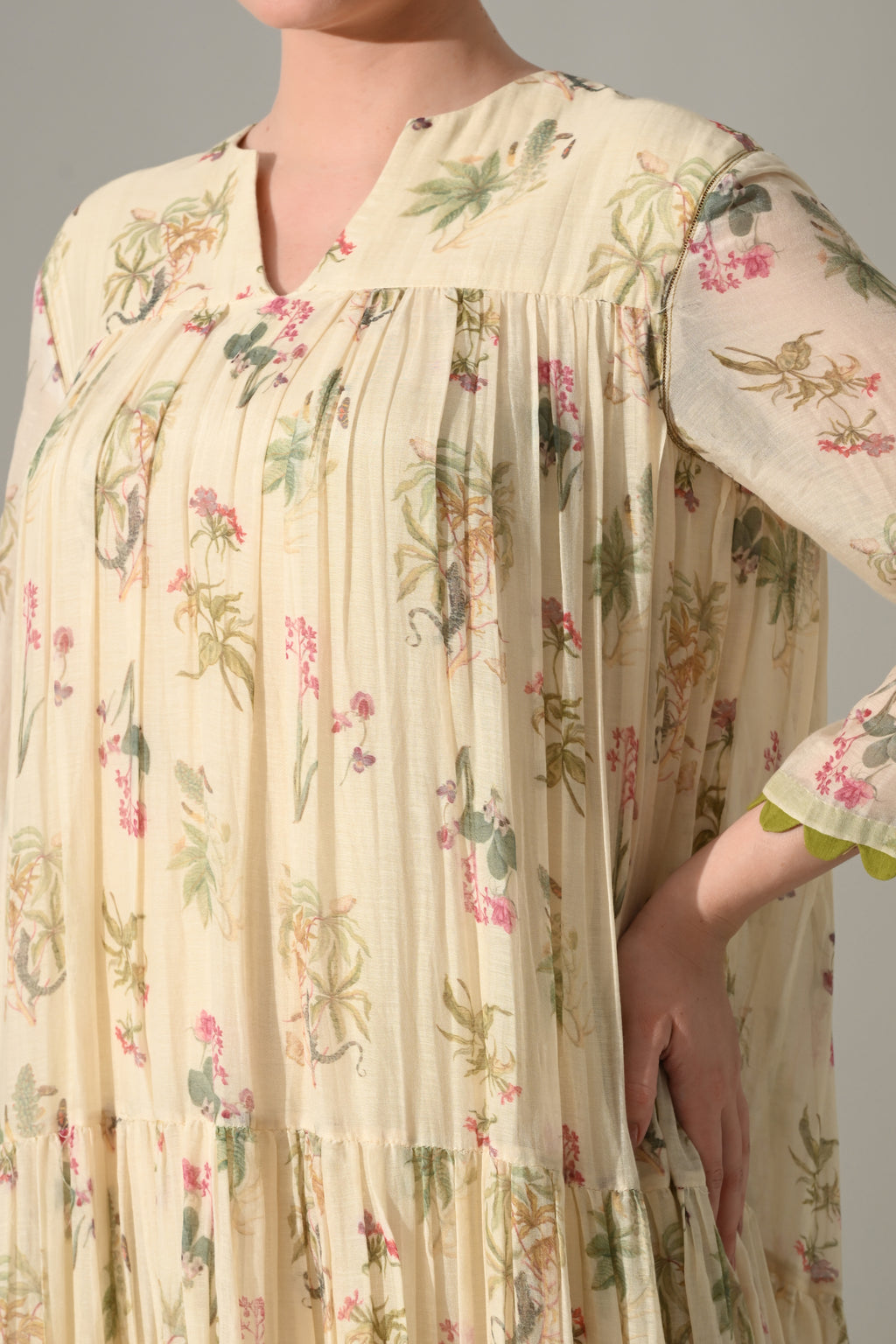 Cream Floral Tiered long Dress - samant chauhan design 