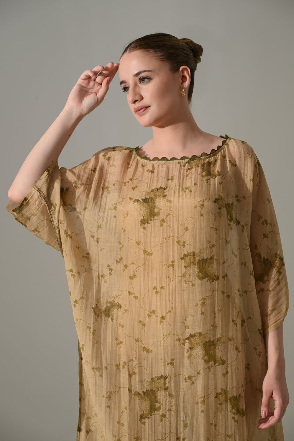 Beige Botanical long kaftan dress - samant chauhan design 