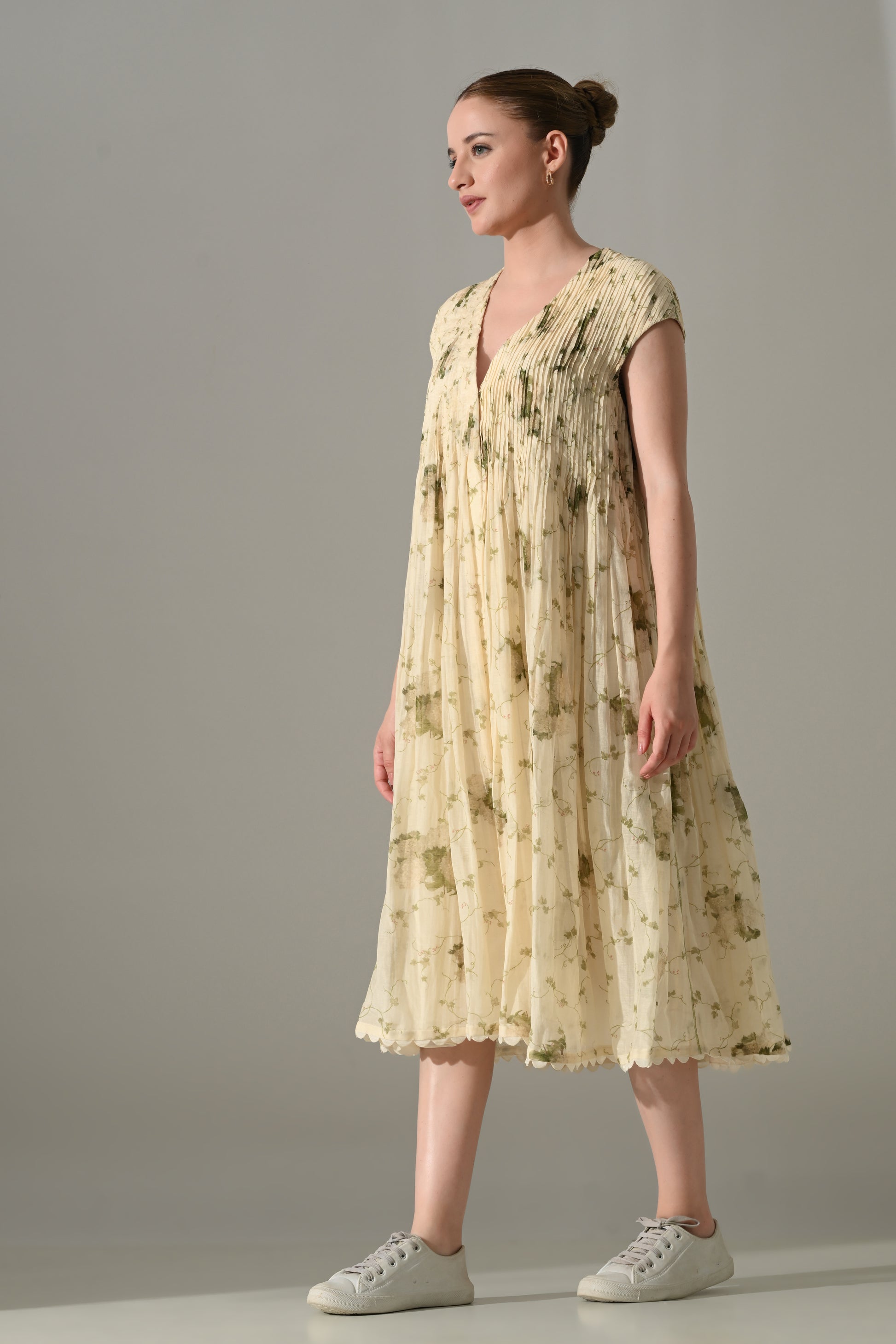 Cream Botanical  Pintex Dress - samant chauhan design 