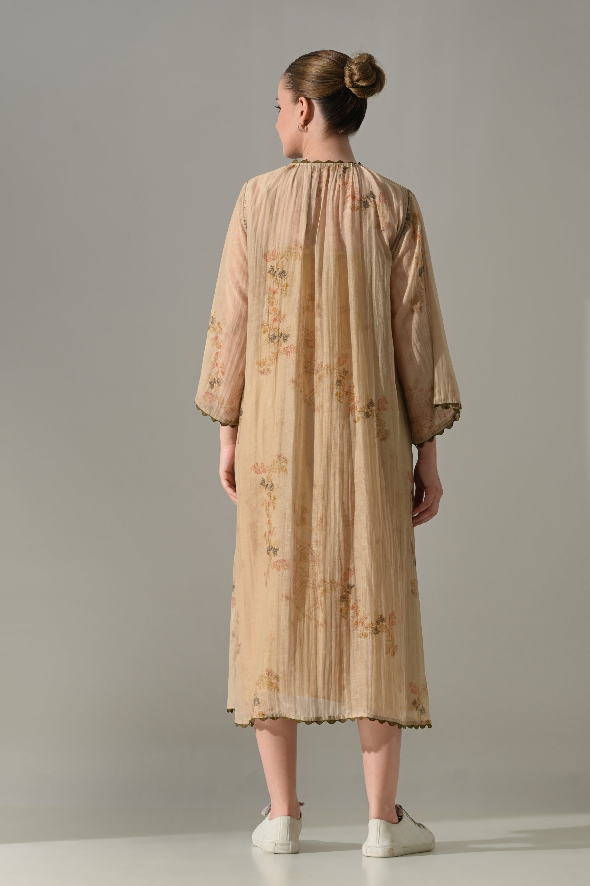 Beige Floral  Gathered Midi Dress - samant chauhan design 