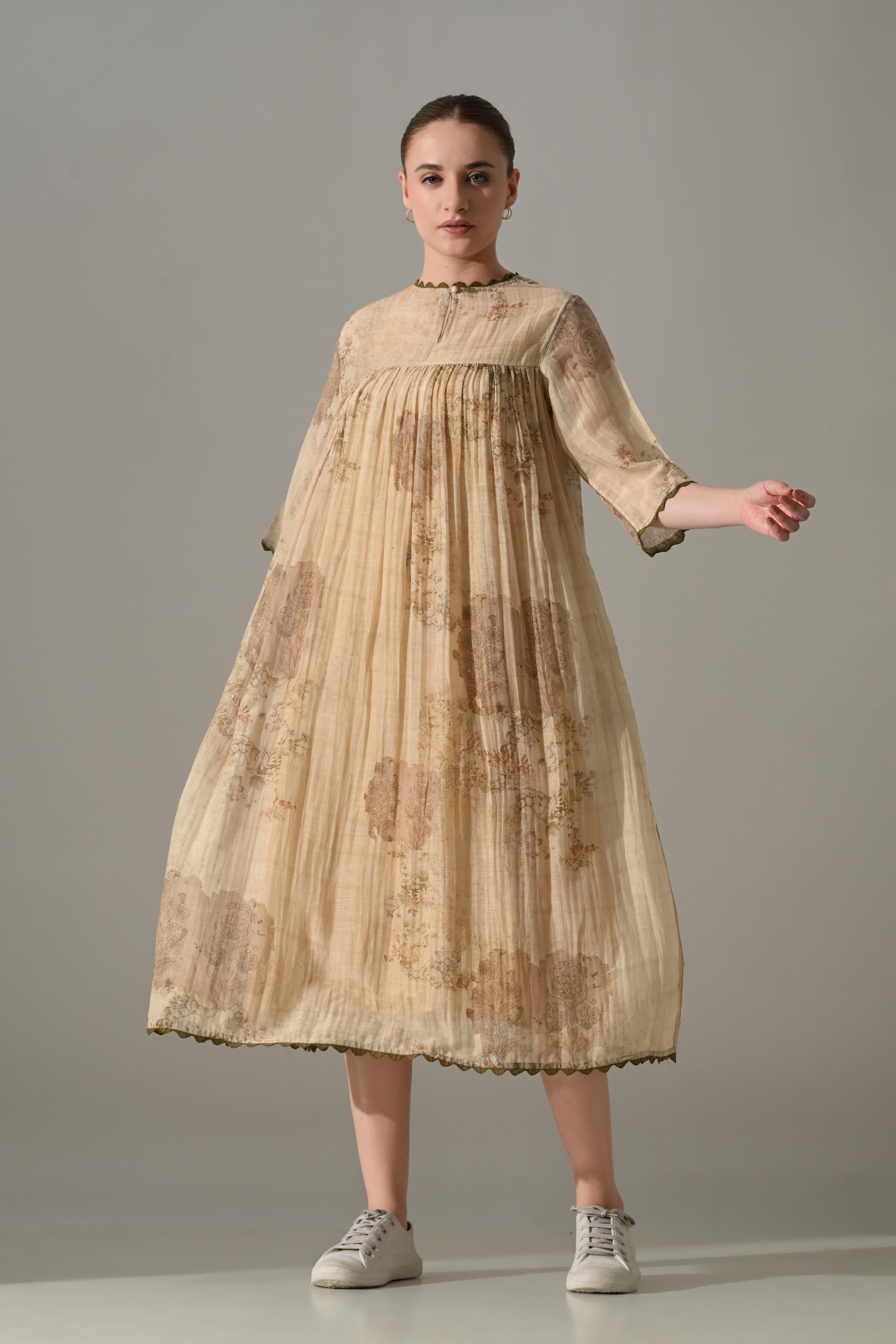 Beige Floral  Gathered Midi Dress - samant chauhan design 