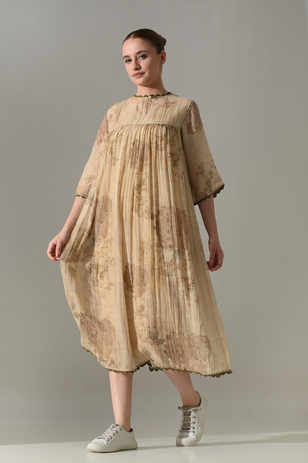 Beige Floral  Gathered Midi Dress - samant chauhan design 