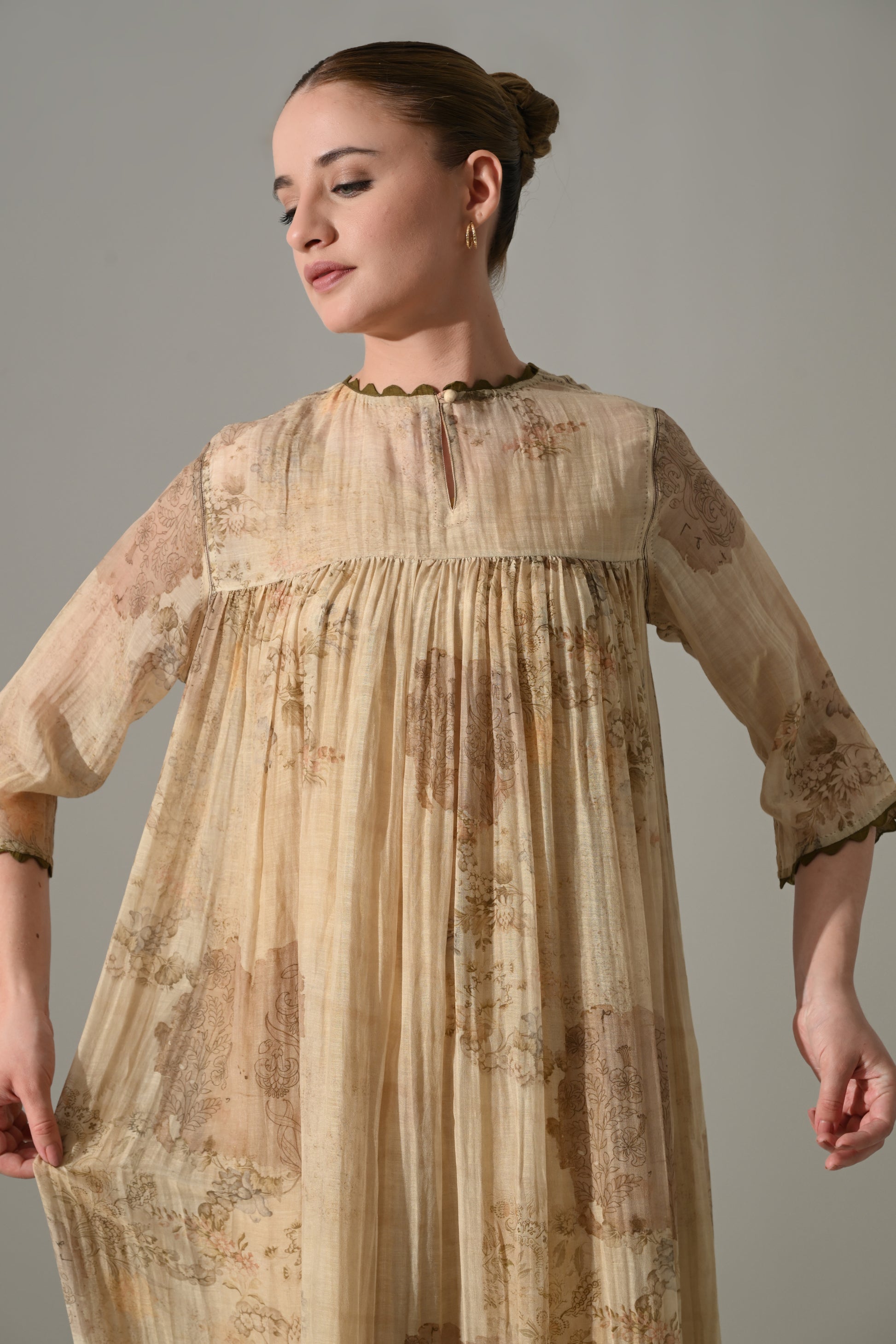 Beige Floral  Gathered Midi Dress - samant chauhan design 