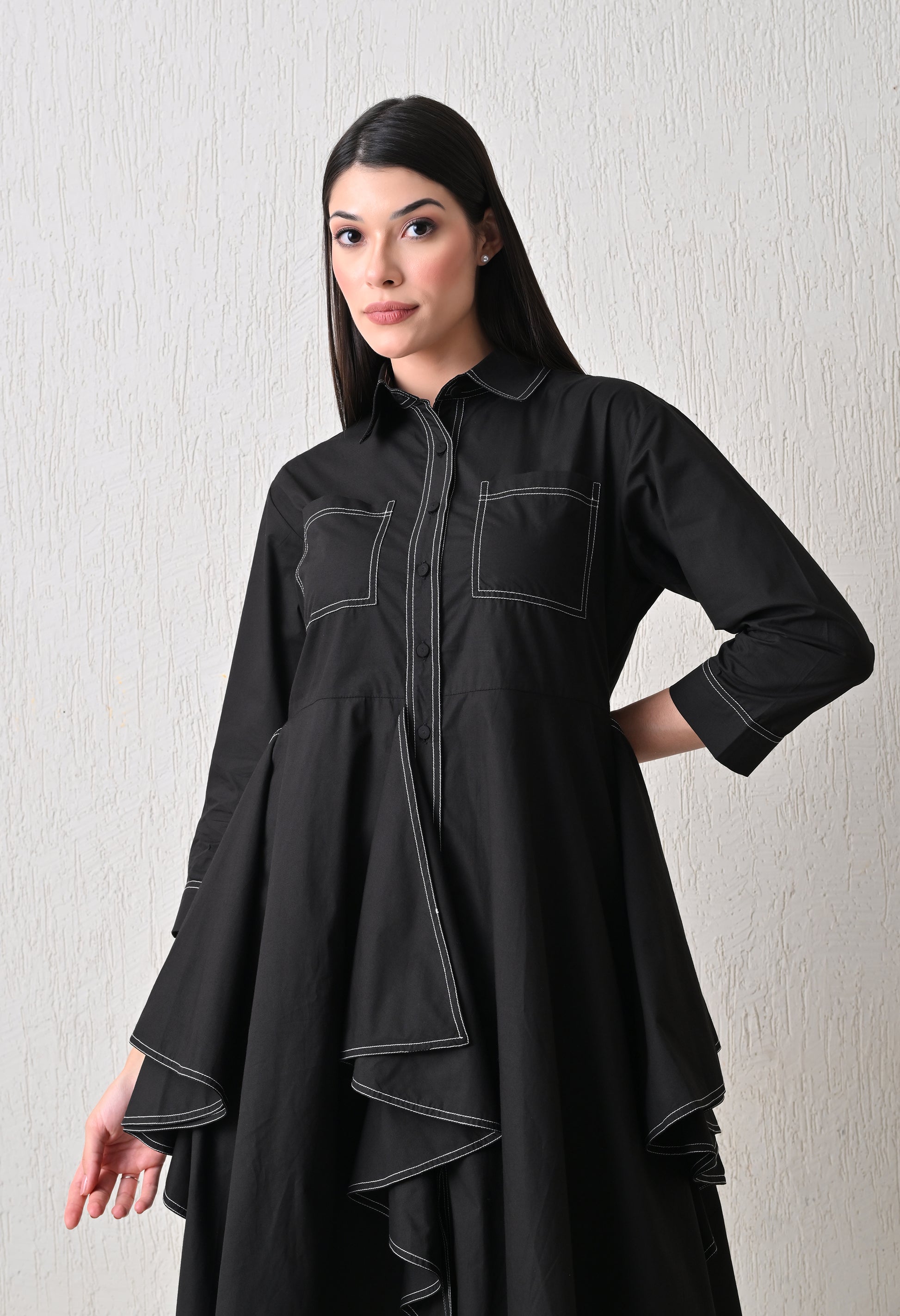 Vanta Black Cascade Shirt Dress - samant chauhan design 